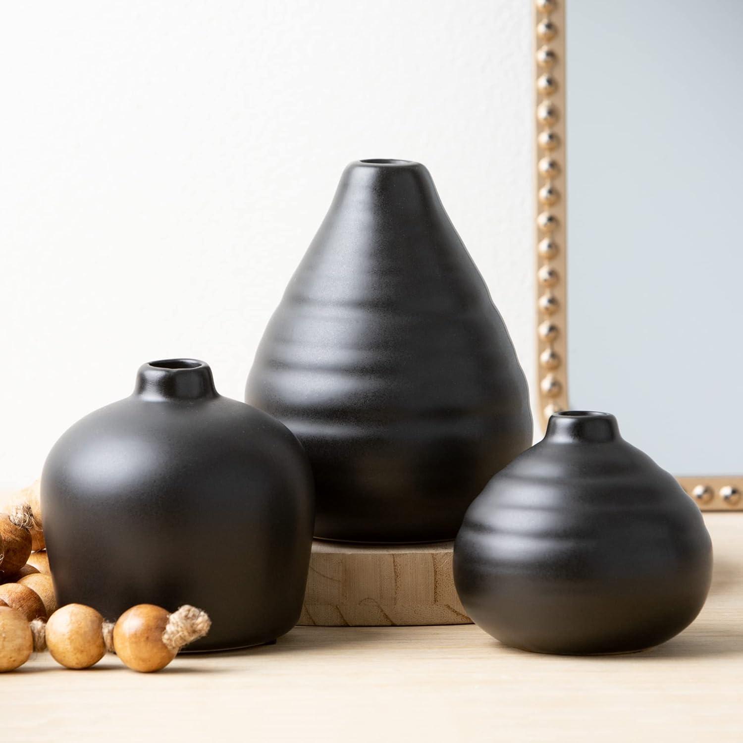 Matte Black Ceramic Bud Vase Trio, 9" x 6.5" Modern Home Decor