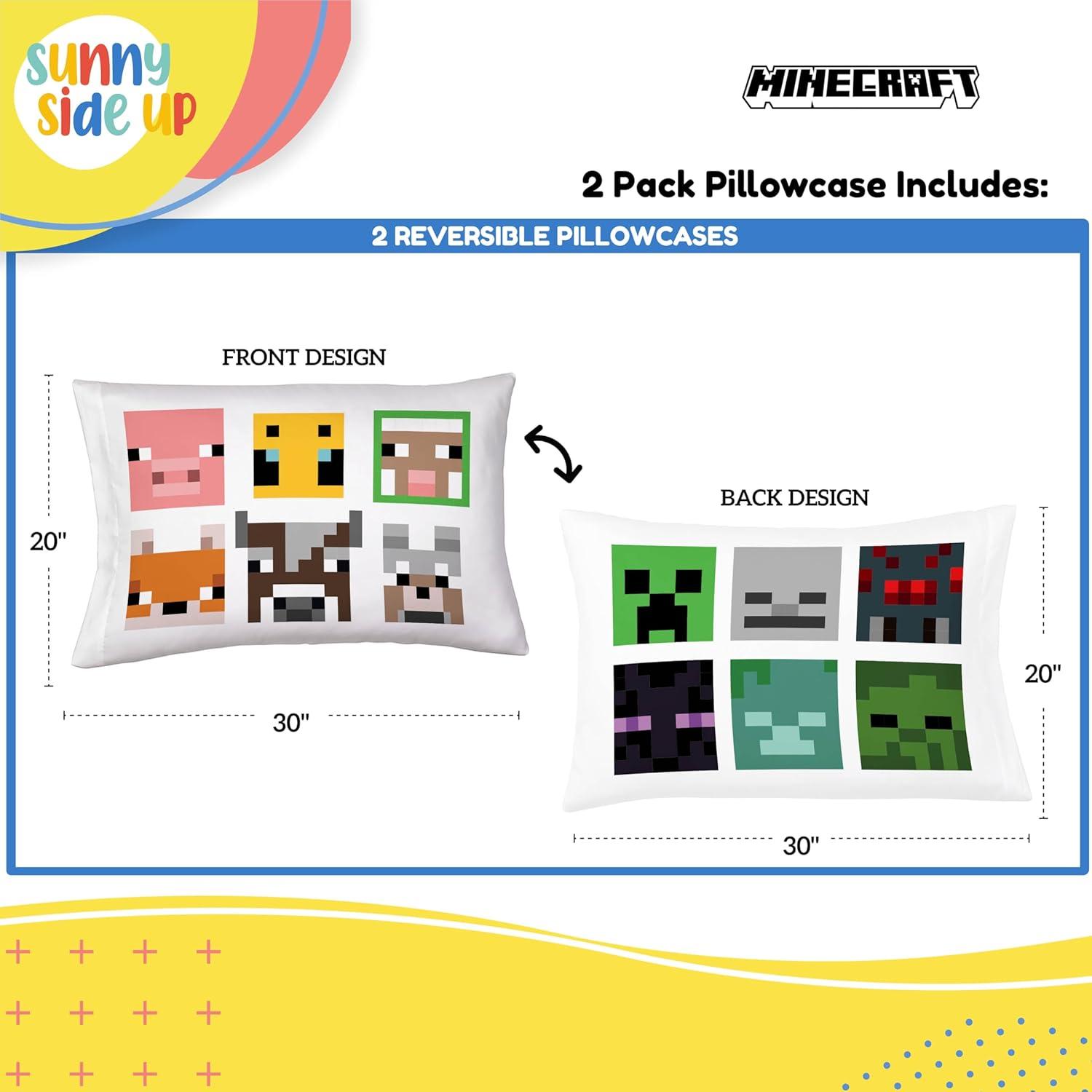 Sunny Side Up Minecraft Mobs & Animals 2 Pack Reversible Pillowcases - Double Sided Pillow Covers, Kids Super Soft Creeper Bedding
