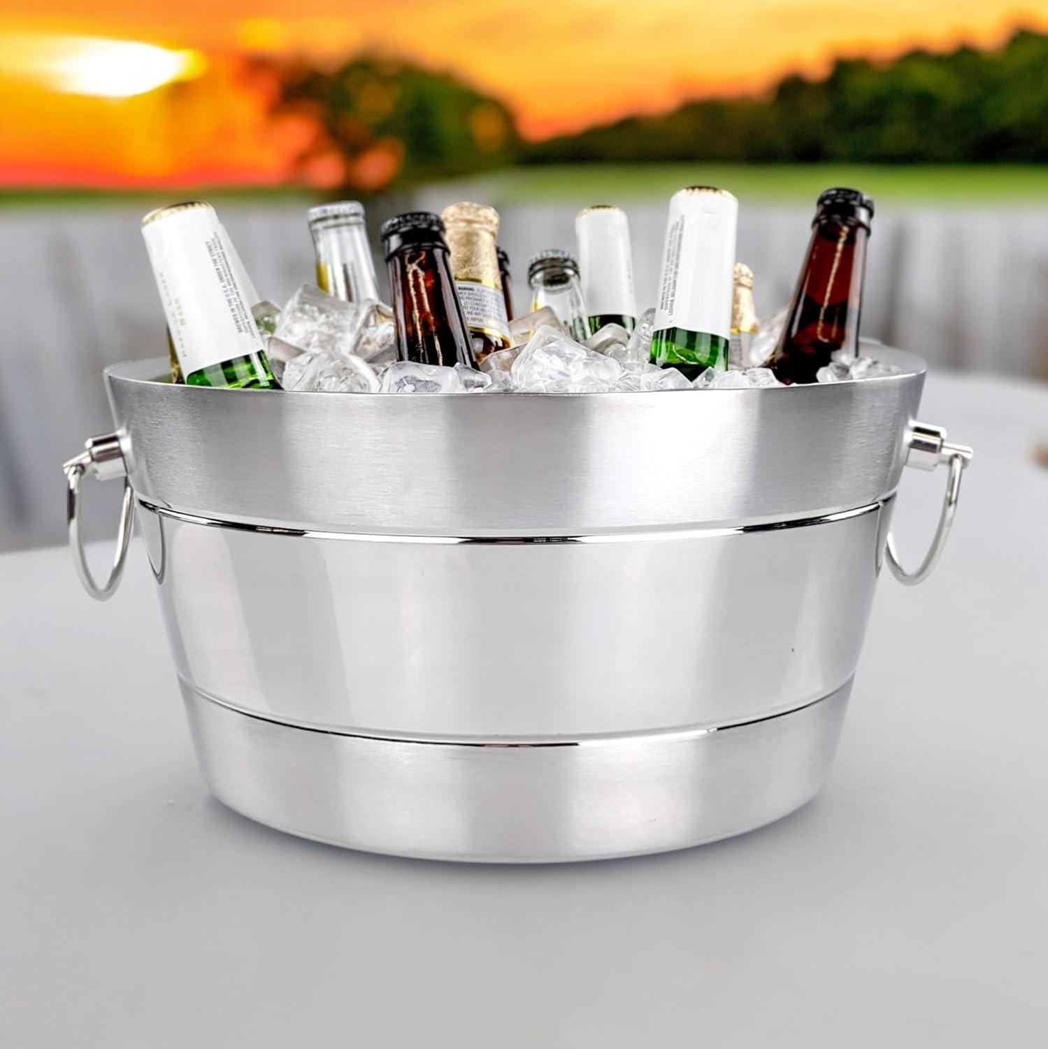 BREKX Anchored Ribbed Stainless-Steel Beverage Tub, Wine and Beer Bucket - 14"W x 6.75"H