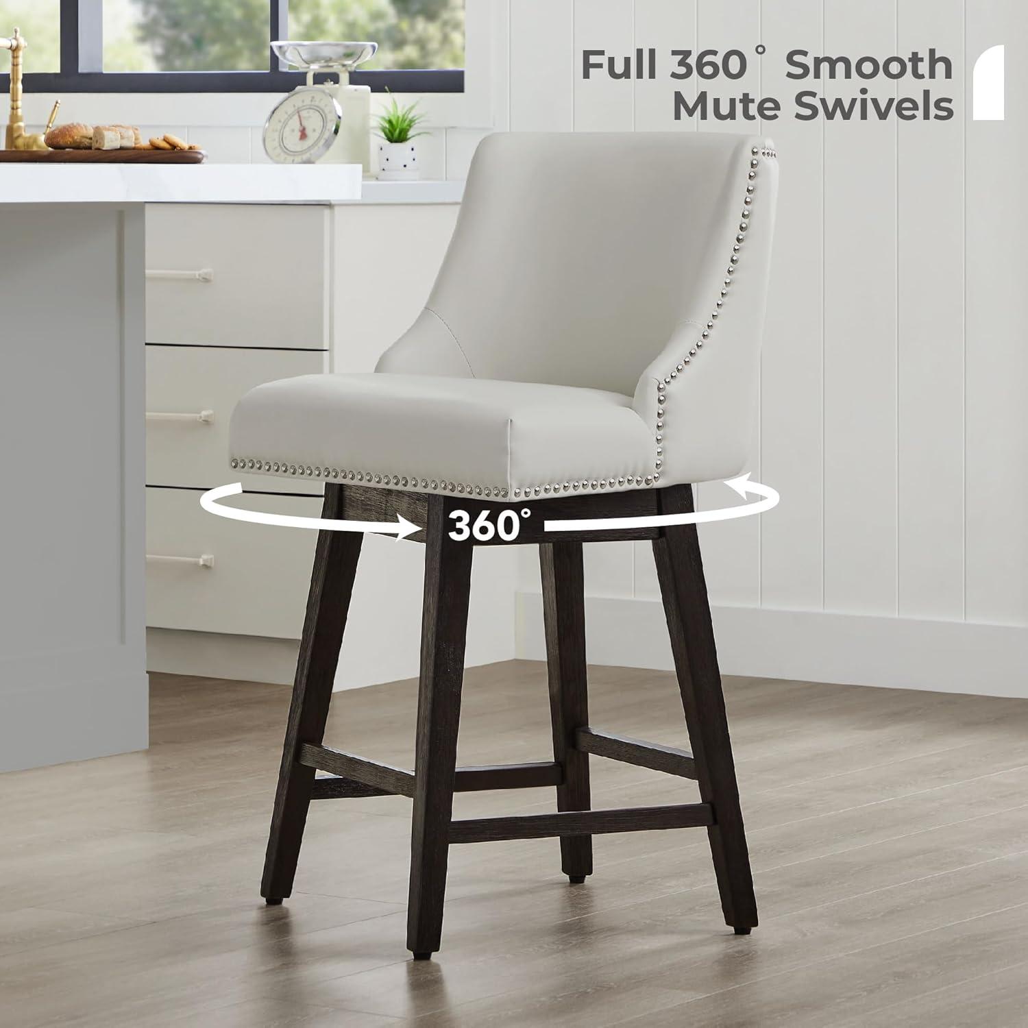 CHITA 26 inch Faux Leather Swivel Upholstered Counter Height Bar Stools with Full Back, Set of 2, Creamy Gray