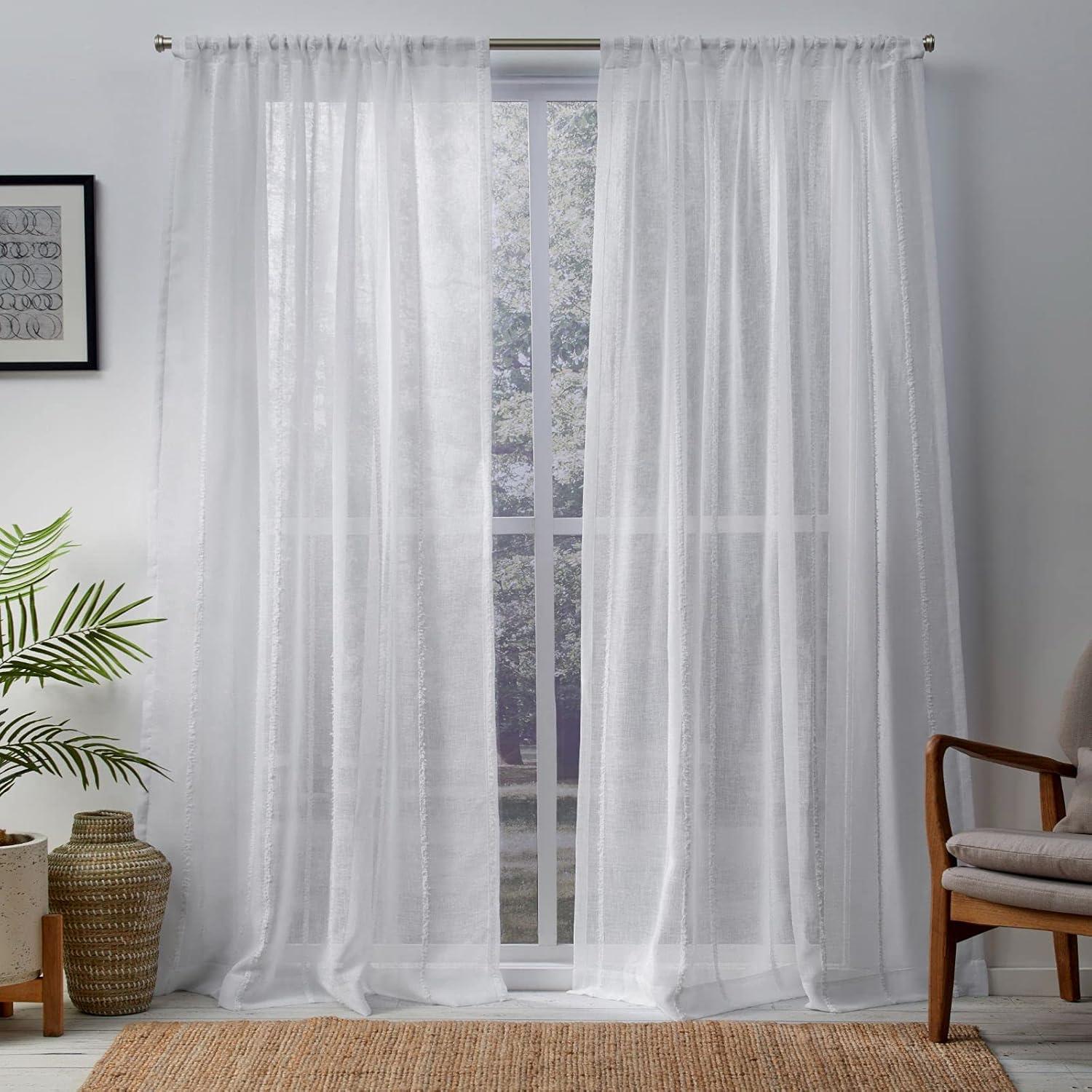 Set of 2 96"x54" Santos Embellished Stripe Sheer Rod Pocket Window Curtain Panel White - Exclusive Home: Mid-Century Modern, 96 Inch
