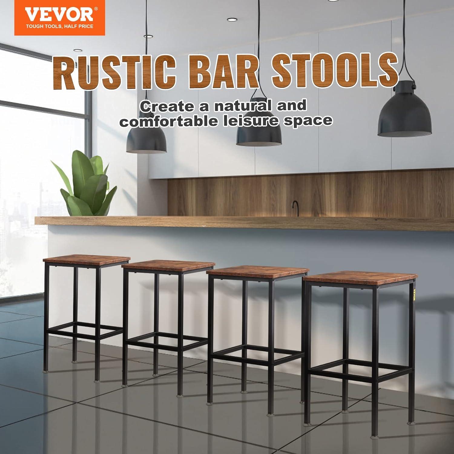 VEVOR Rustic Bar Stools, 25.6” Tall Rectangle Seat, Set of 2 Bar Chairs with Footrest Steel Frame Adjustable Feet, Wooden Industrial Kitchen Stool for Kitchen Dining Living Room, Rustic Brown