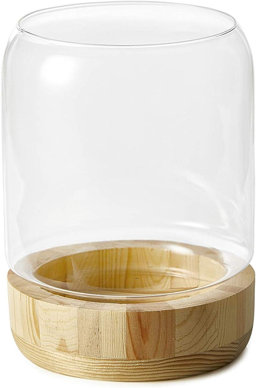 Serene Spaces Living Large Glass Candle Holder Hurricane with Wood Base, Decorative Accent for Wedding, Party, Event, Home Decor, Measures 8" Tall and 6" Diameter