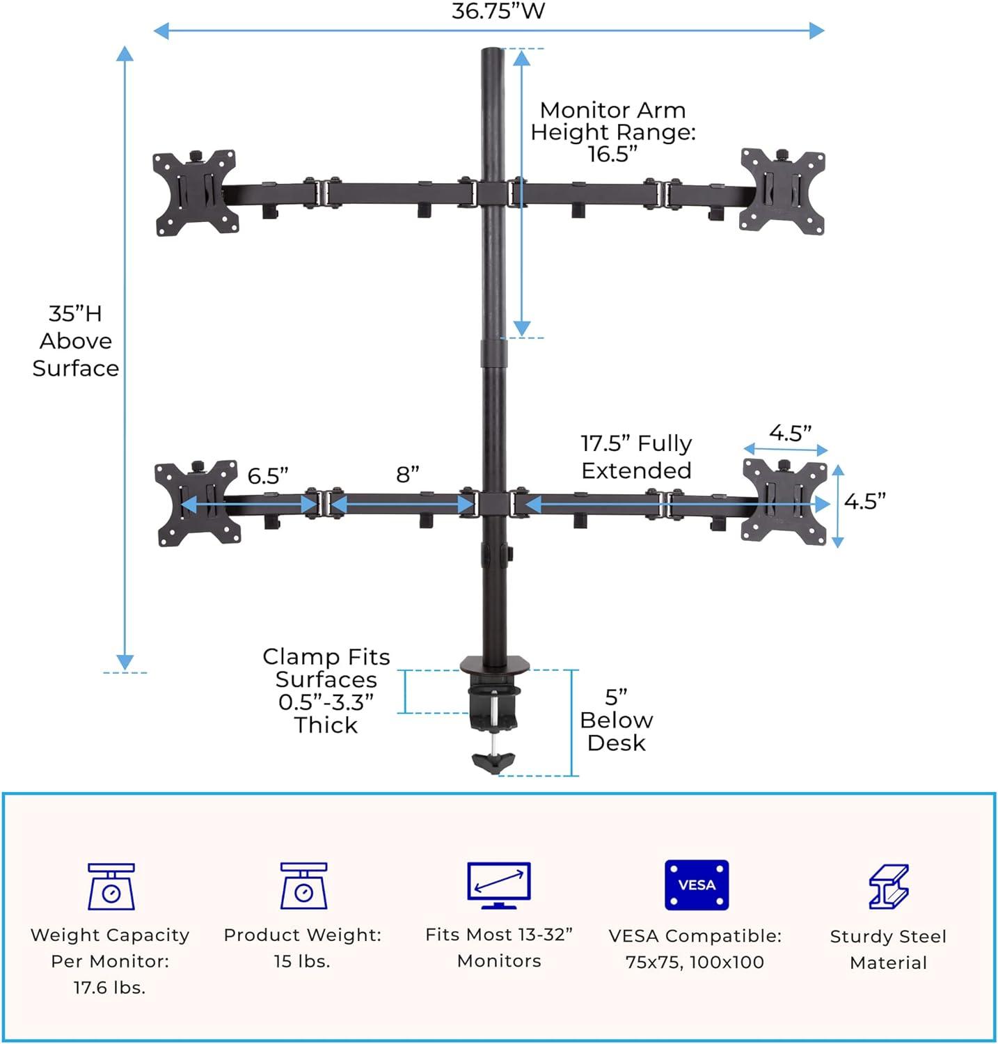 Quadruple Monitor Mount – Clamp-On Monitor Arm with 4 Adjustable VESA Mounts – Black – Stand Steady