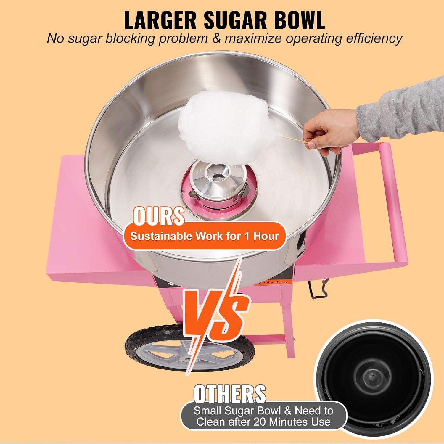 VEVOR Electric Cotton Candy Machine with Cart, 1000W Commercial Floss Maker with Stainless Steel Bowl, Sugar Scoop and Drawer, Pink