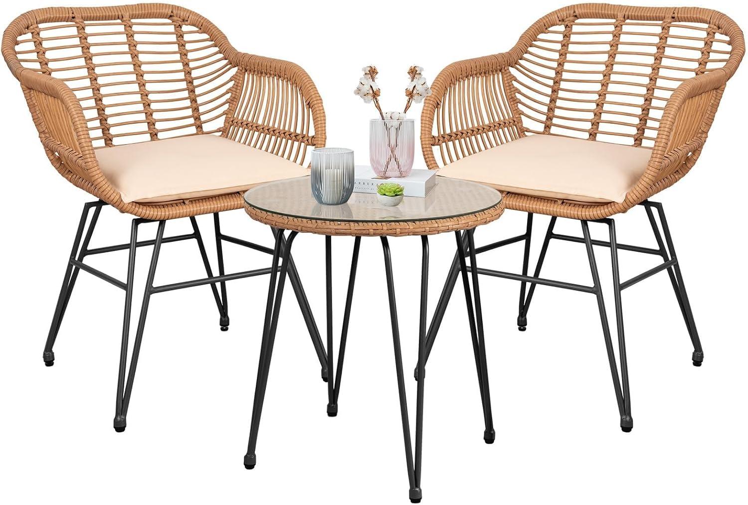Black Steel and Wicker 3-Piece Patio Bistro Set with Beige Cushions