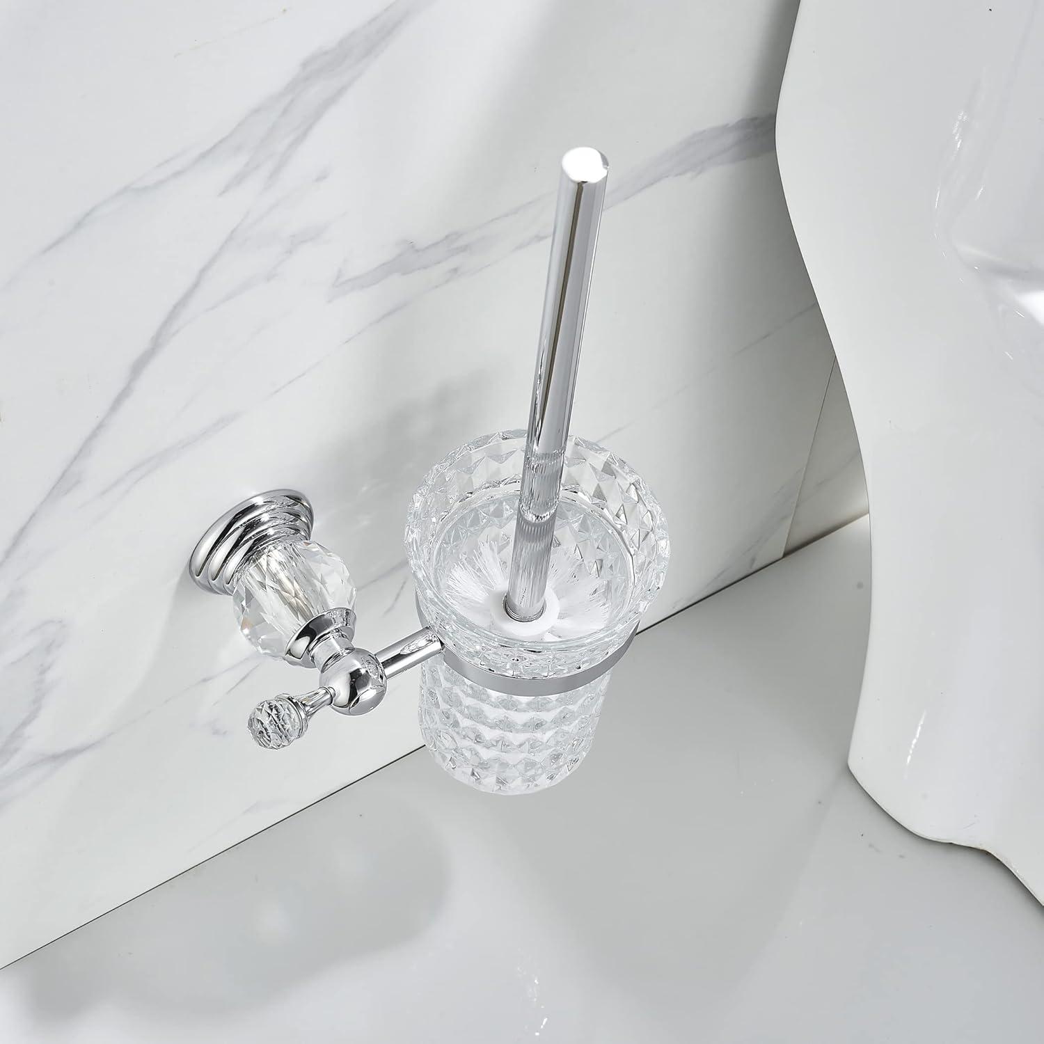 Crystal Wall-Mounted Toilet Brush Holder with Polished Silver Handle