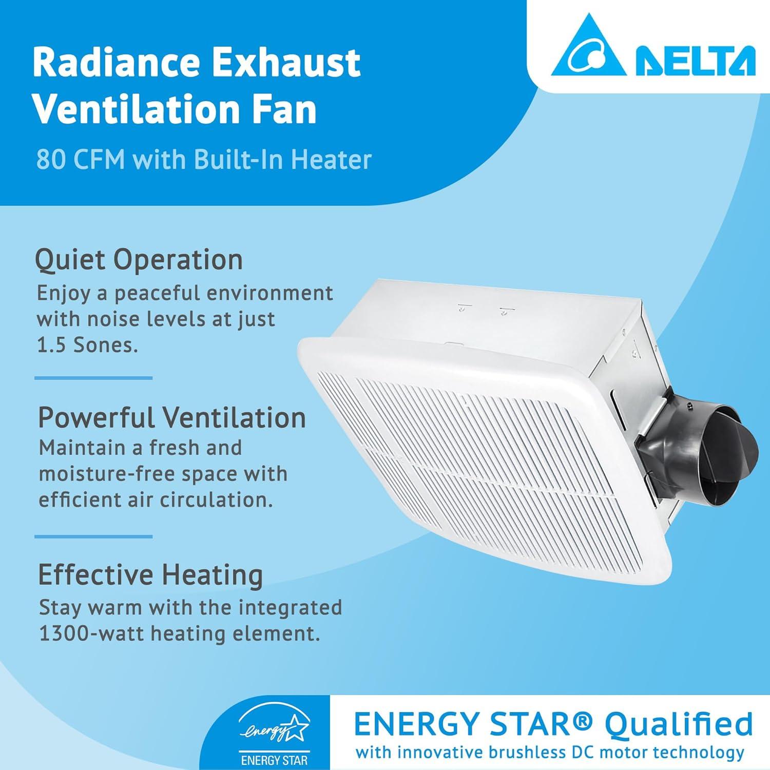 Open Box Delta Radiance Exhaust Bath Fan 80 CFM w/Built-In Light & Heater,White