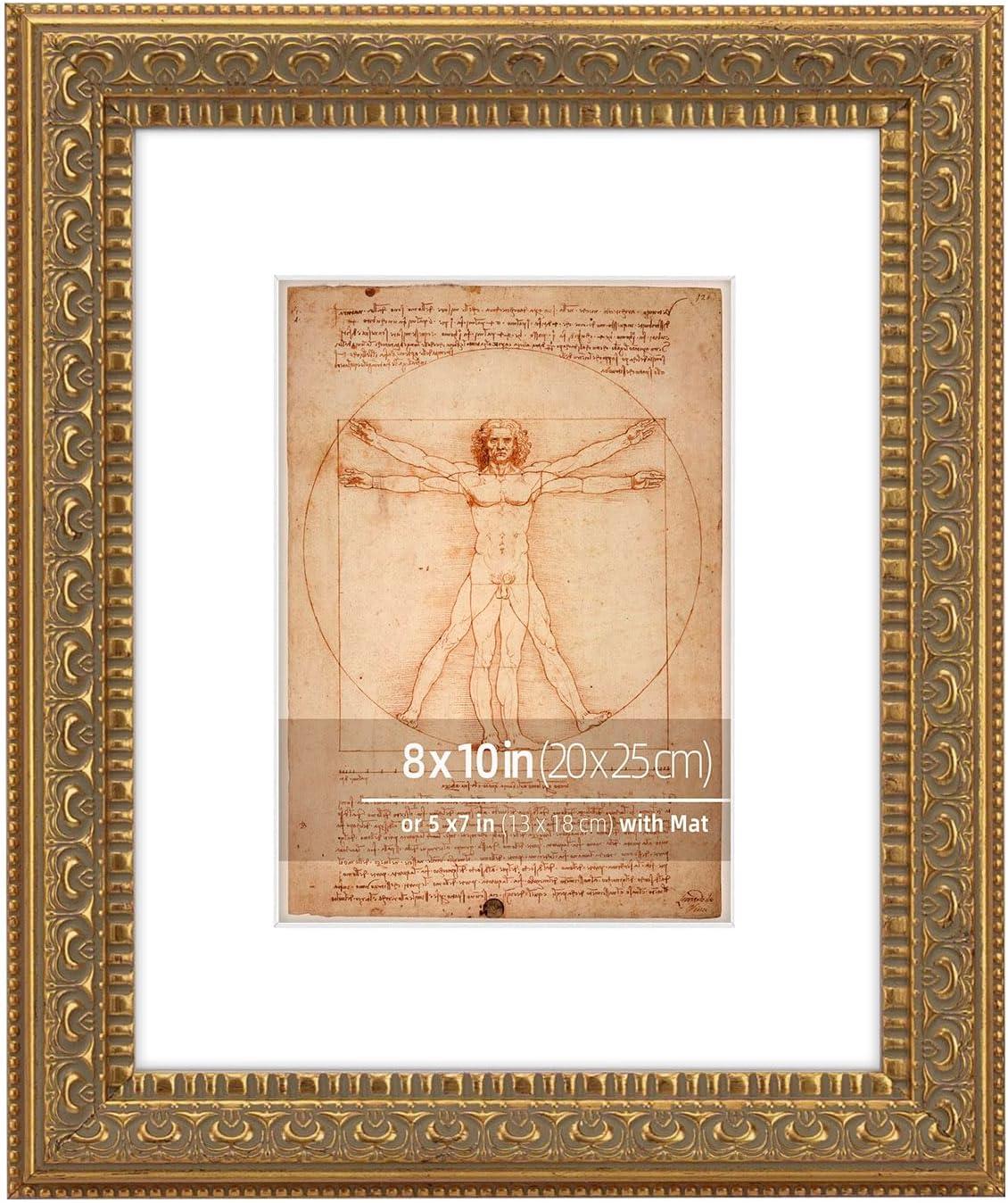 8x10 in Antique Gold Ornate Classic Picture Frame, Matted for 5x7 Photos, Real Glass Protection, Tabletop or Wall Mounting Display