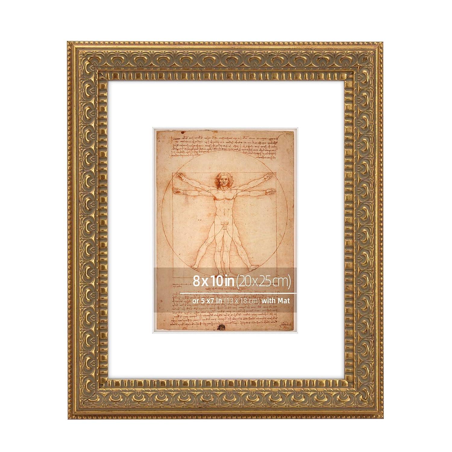 8x10 in Antique Gold Ornate Classic Picture Frame, Matted for 5x7 Photos, Real Glass Protection, Tabletop or Wall Mounting Display