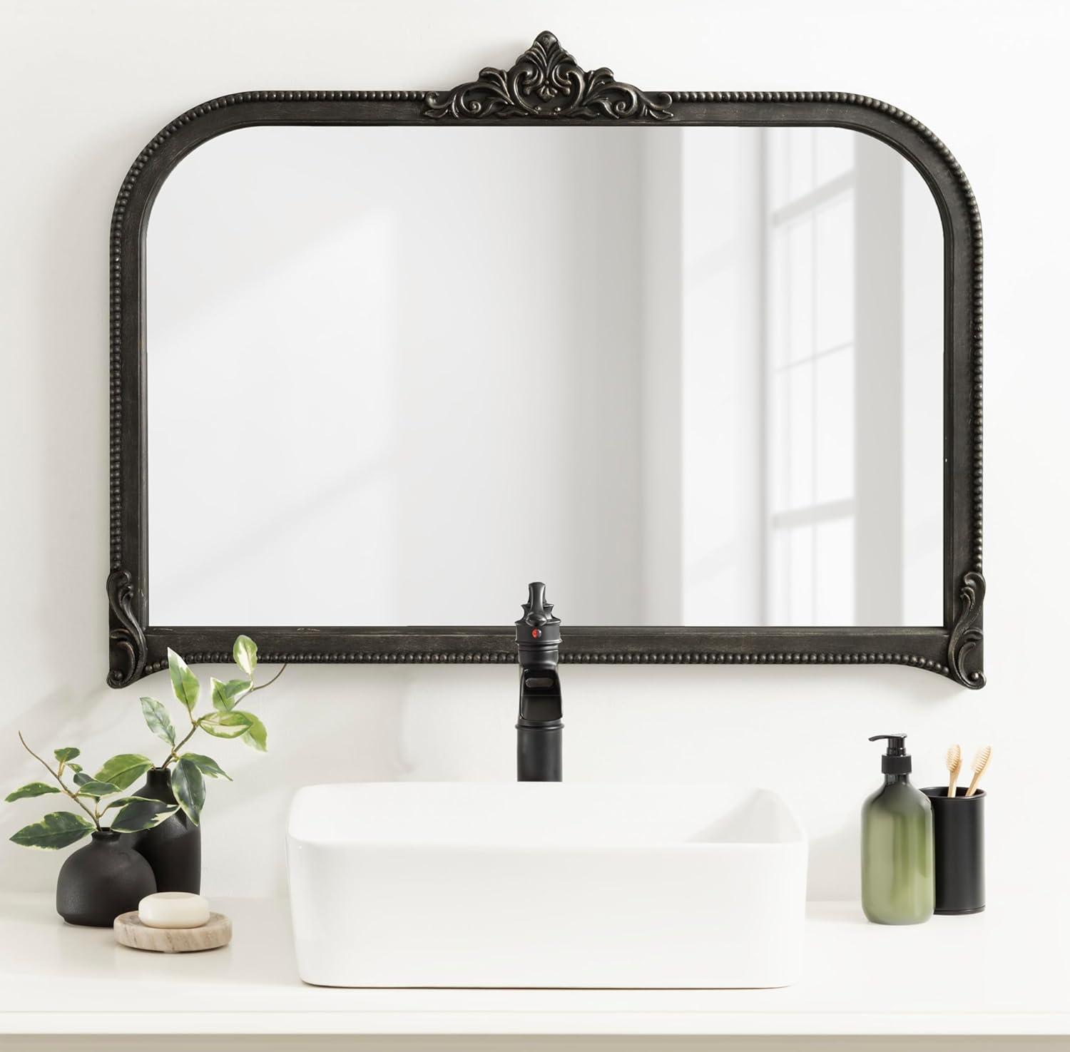 Hubanks Black Baroque-Inspired Arched Wall Mirror 40" x 30"