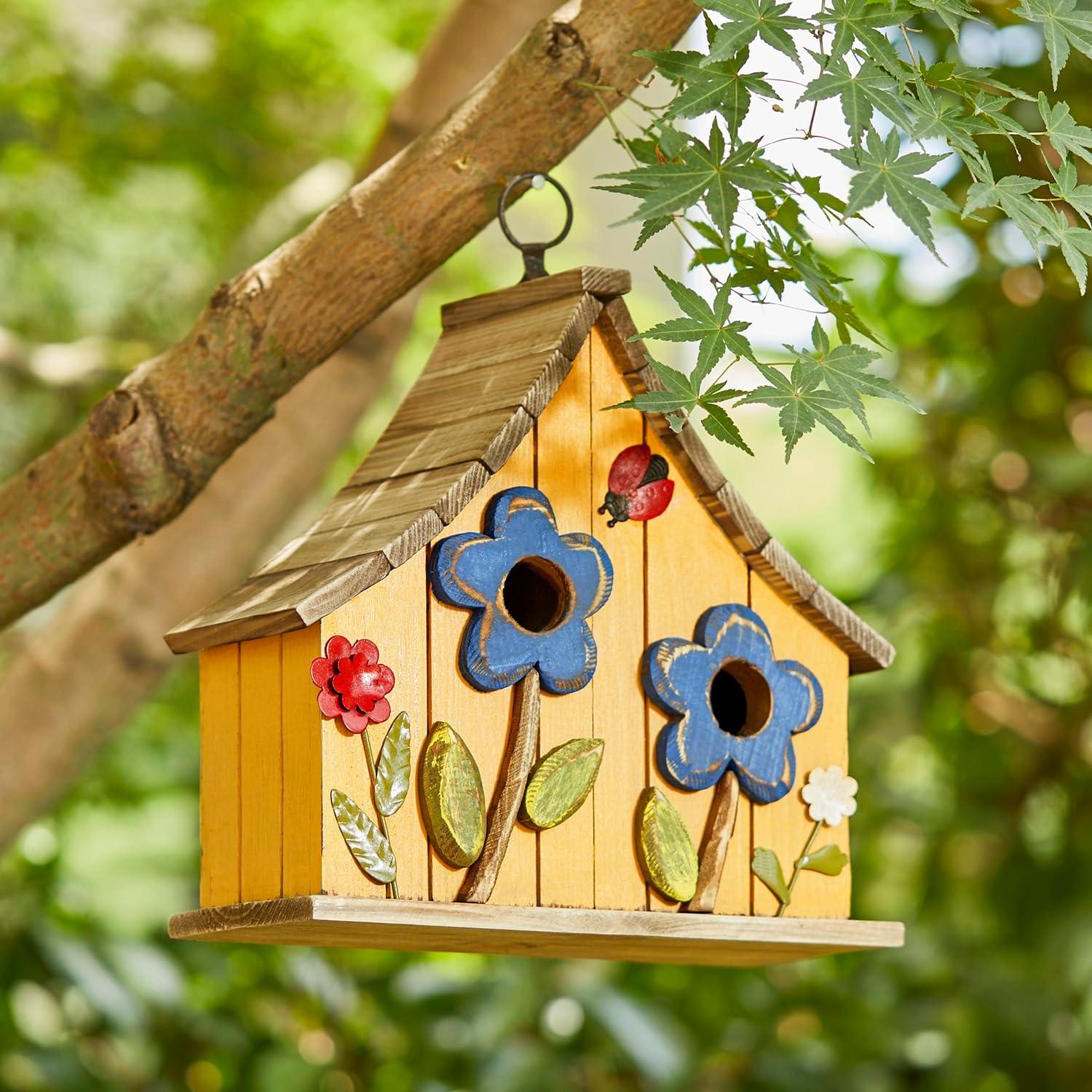 Glitzhome  10"H Multicolor Cute Distressed Solid Wood Birdhouse with 3D Flowers Flower-Orange 10.25"H