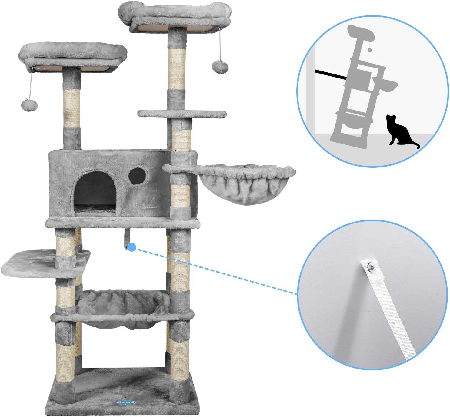 Hey-brother Cat Tree for Large Cats, Cat Tower with Scratching Posts, 2 Padded Plush Perches, Big Condo and Cozy Basket, Smoky Gray MPJ025G