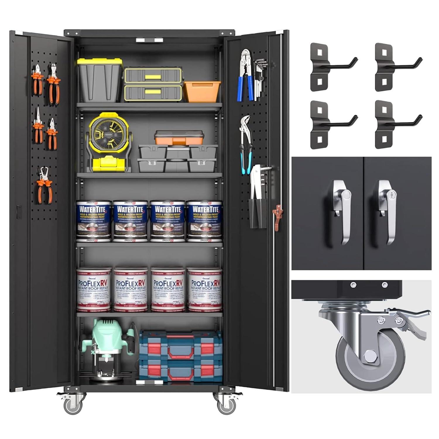 AOBABO 72 Inch Locking Metal Garage Storage Cabinet with Universal Rubber Wheels with Lockable Casters, Pegboards, and Magnetic Doors, Black