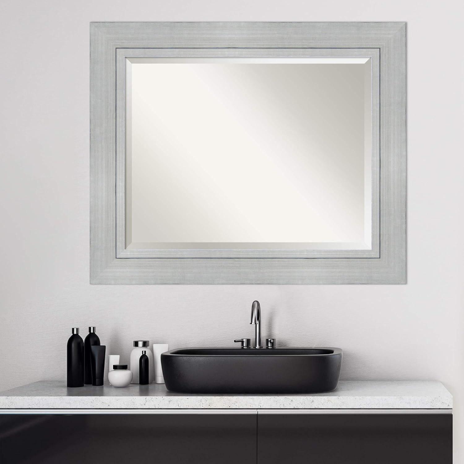 Amanti Art Beveled Wood Bathroom Wall Mirror - Romano Silver Frame - Outer Size: 35 x 29 in