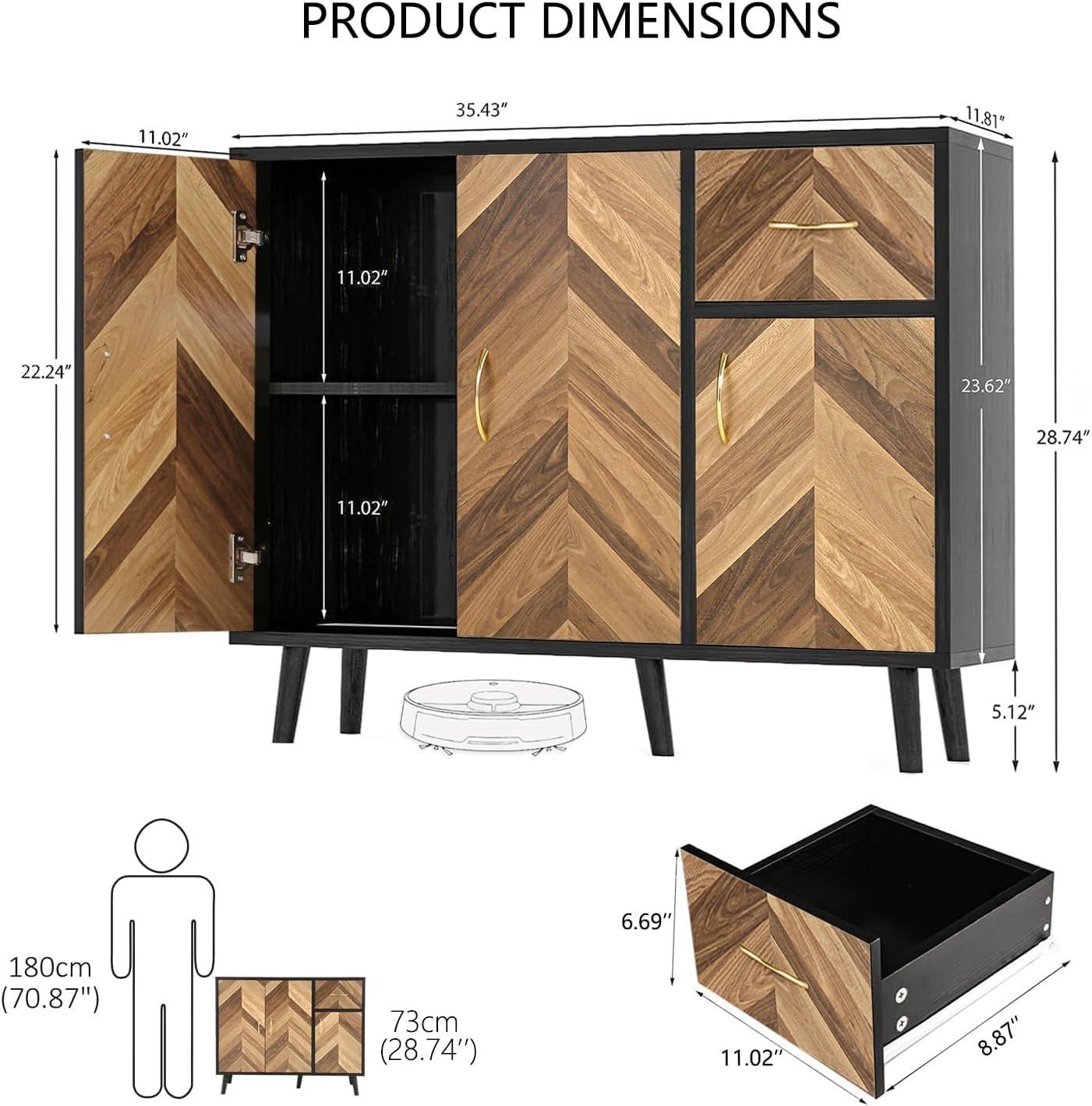Accent Cabinet, Black Storage Cabinet with Doors Mid Century Modern Sideboard Buffet Cabinet with Storage Shelves Small Wood Accent Cabinets for Living Room Entryway Office, Brown Herringbone