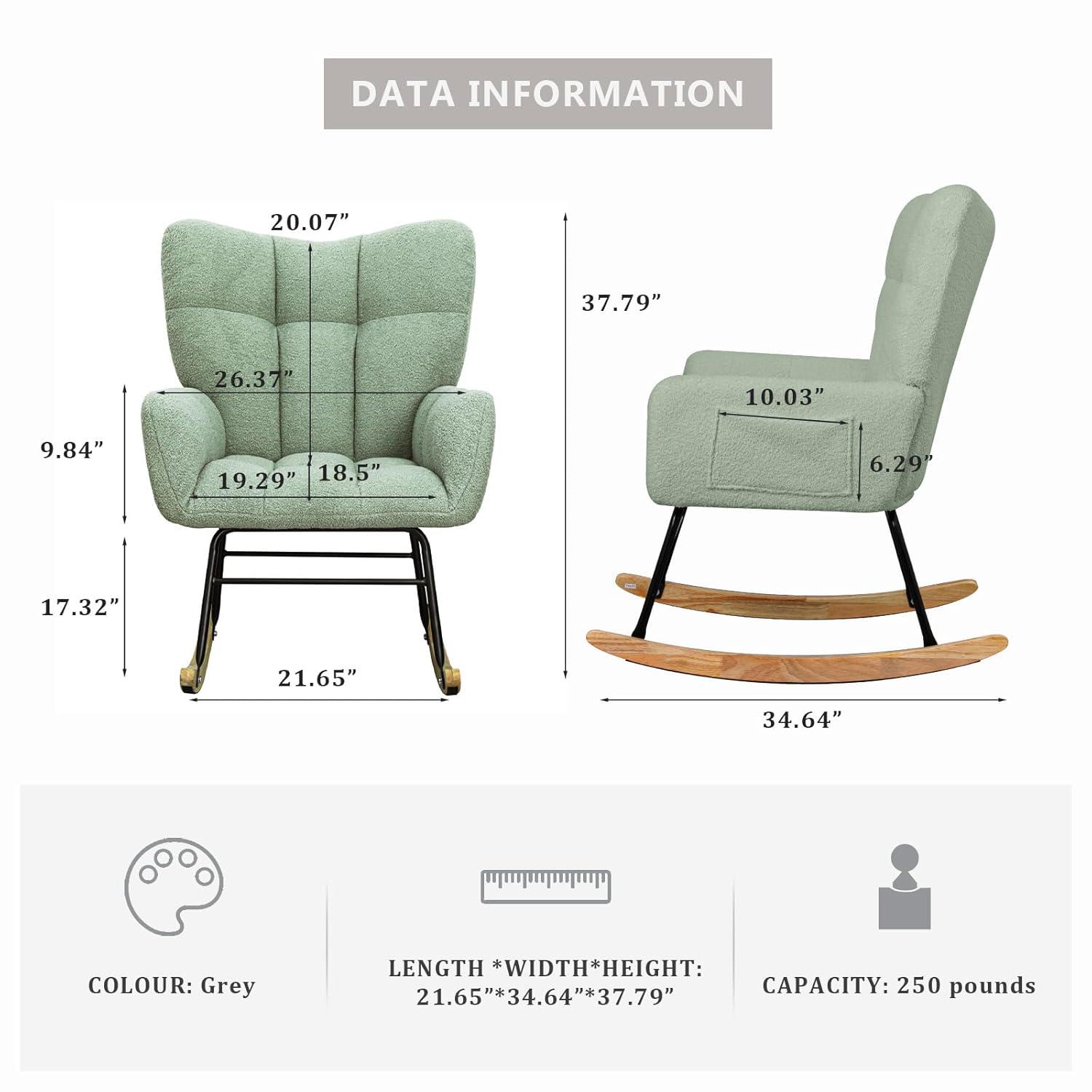 Nursery Rocking Chair Teddy, Upholstered Glider Rocker with High Backrest, Comfortable Stylish Accent Armchair with Padded Seat for Living Rooms, Bedrooms, Offices