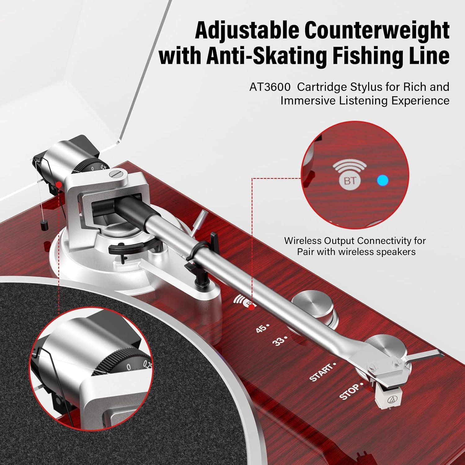 Vinyl Record Player Belt-Drive Turntable for Vinyl Records with Bluetooth Connectivity, USB Digital Output, Magnetic Cartridge & Adjustable Counterweight, AT-3600L, 33 or 45 RPM, M485-Red