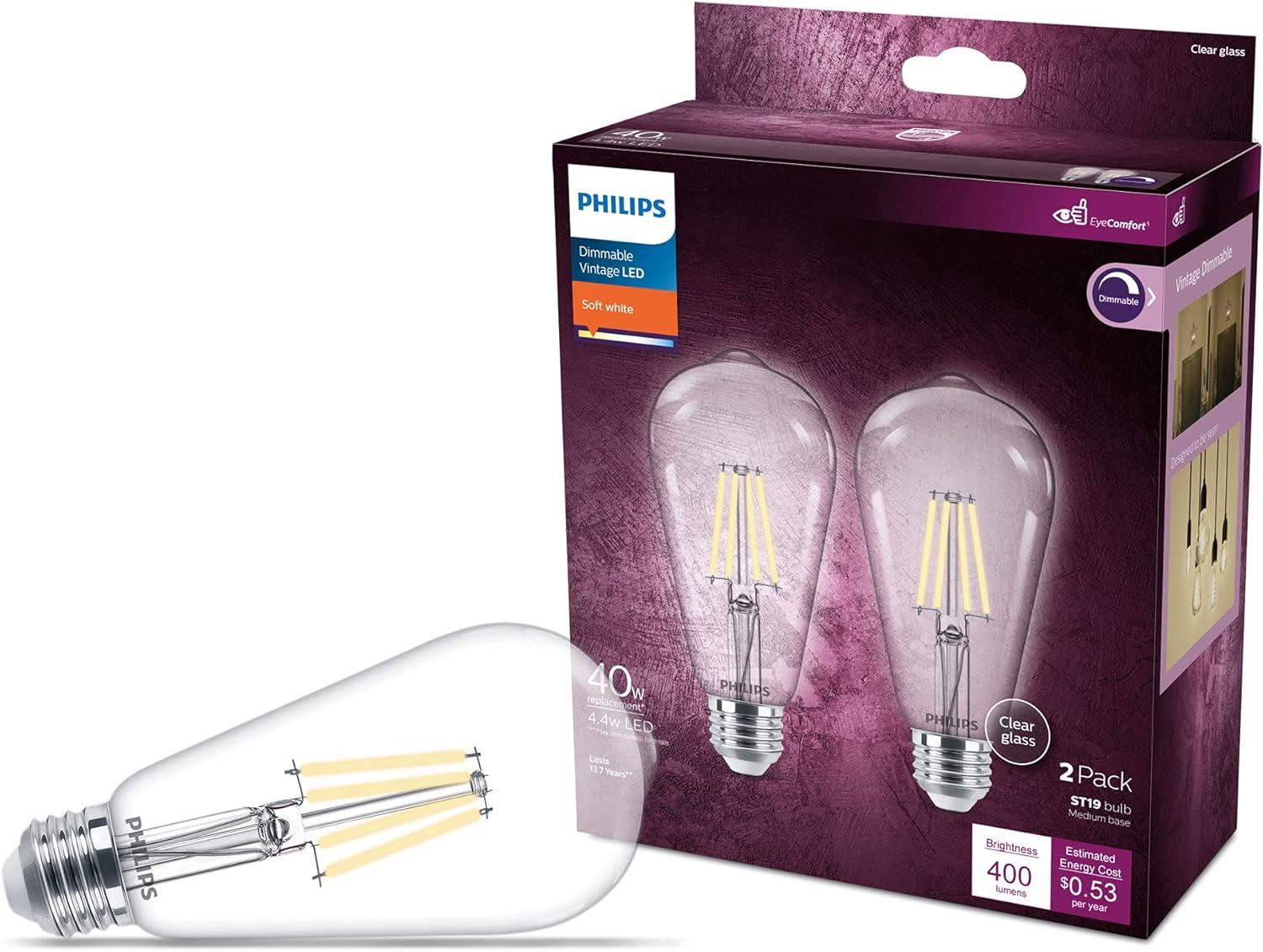 Philips Clear Glass Vintage LED Dimmable Bulbs, 2-Pack