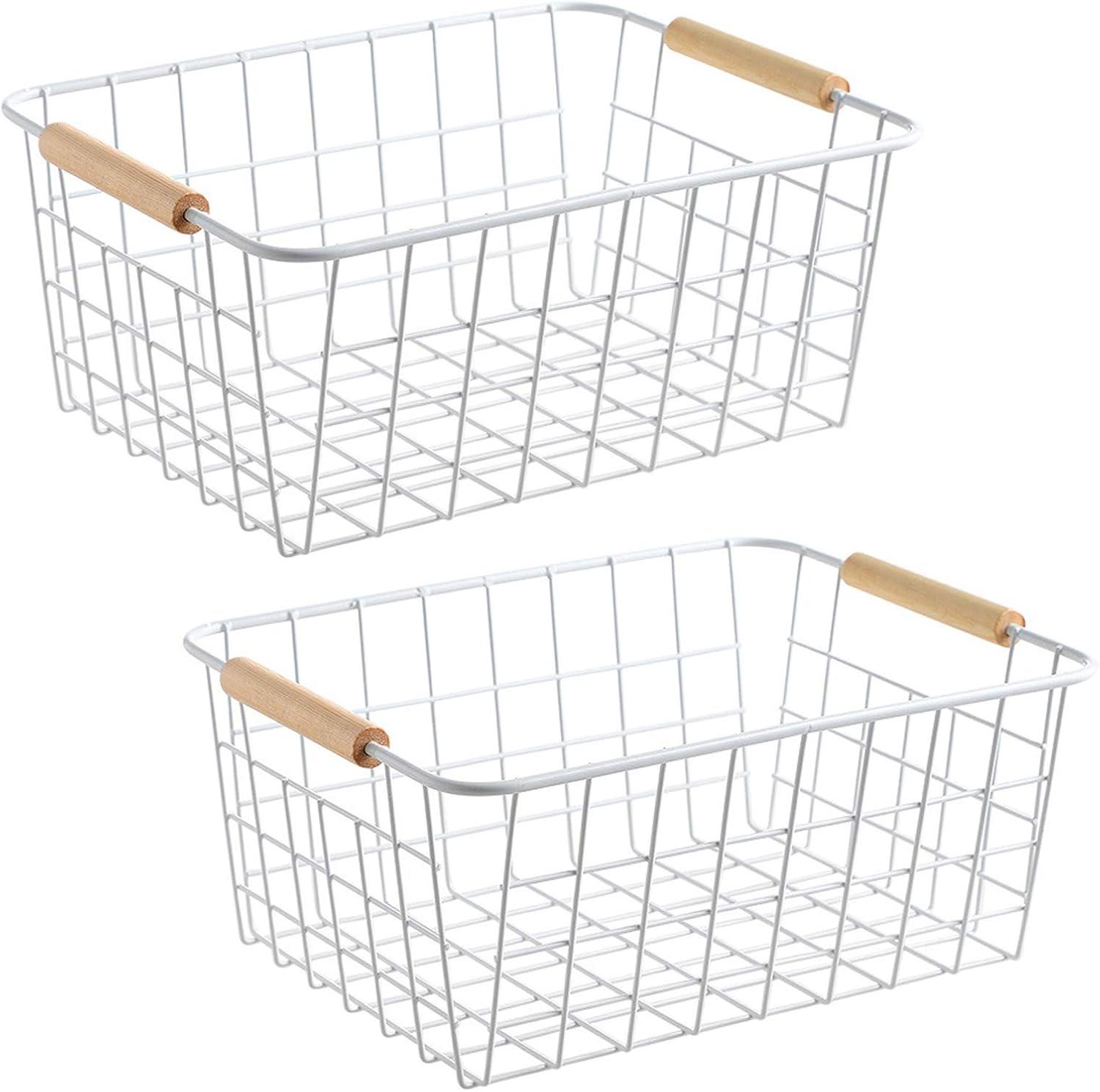 White Powder Coated Metal Wire Baskets with Wooden Handles - Set of 2