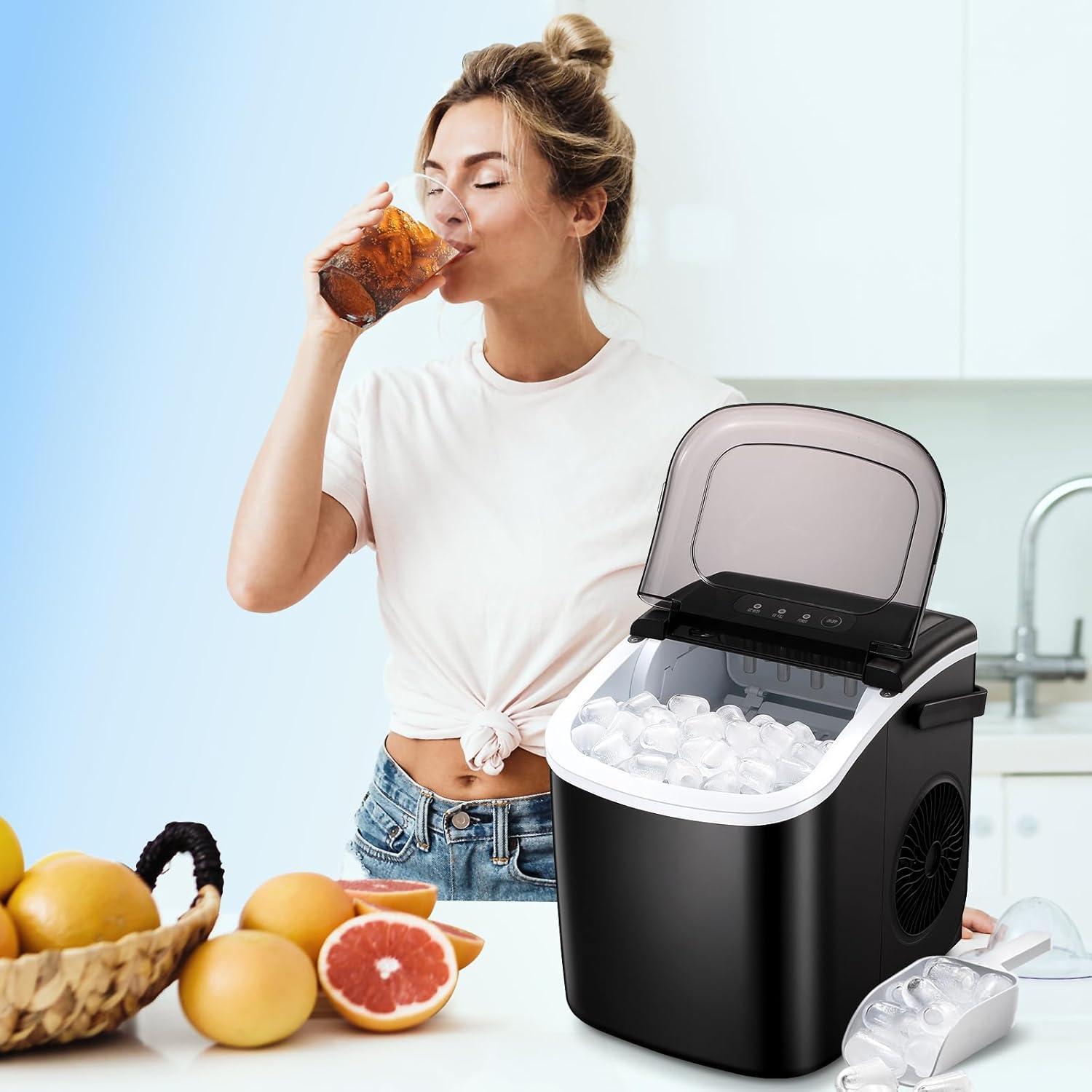 R.W.FLAME Ice Makers Countertop with Handle,26.5Lbs/24H,9 Cubes in 6 Mins,2 Sizes of Bullet Ice,Portable Ice Maker Machine with Self-Cleaning, green