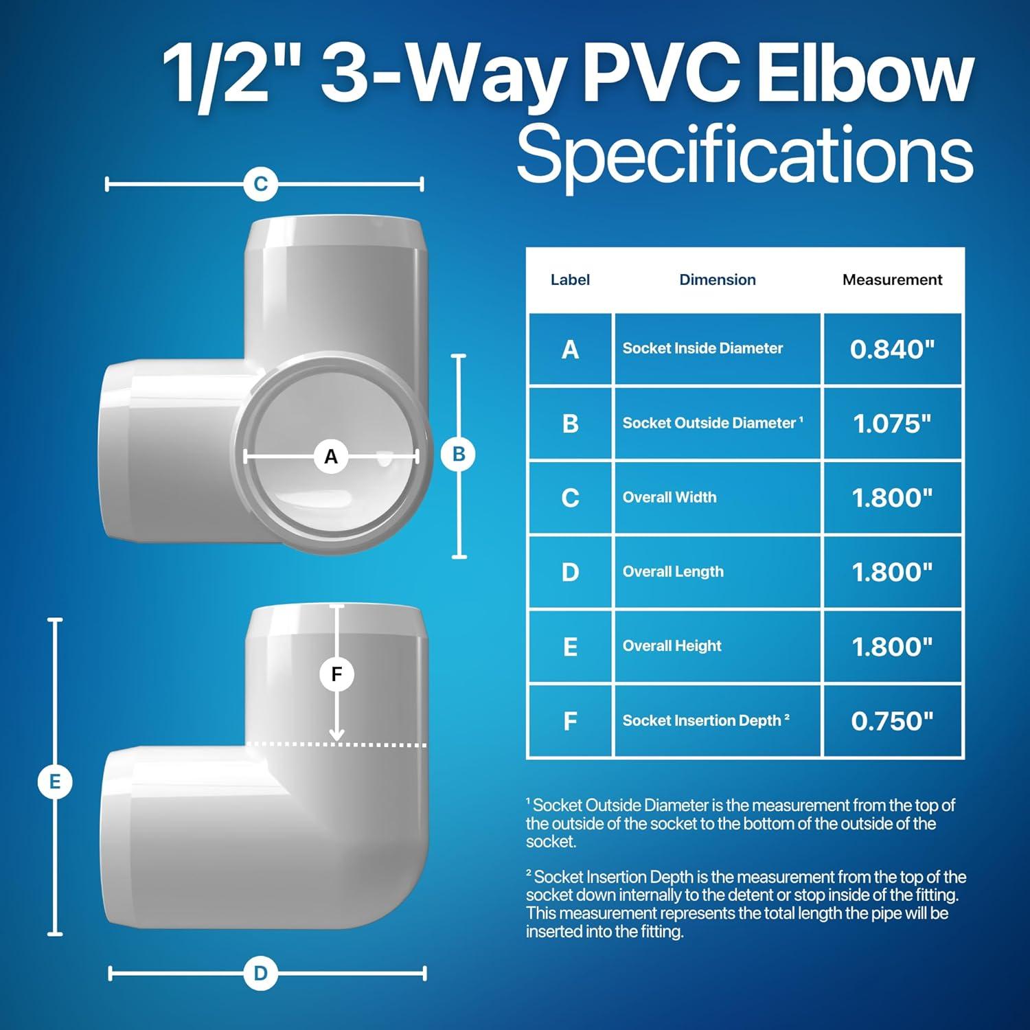 FORMUFIT 1/2" 3-Way Elbow Furniture Grade PVC Fitting in White, Made In USA, UV-Resistant, Impact-Proof, 0.840" Actual Socket Diameter (10-Pack) - F0123WE-WH-10