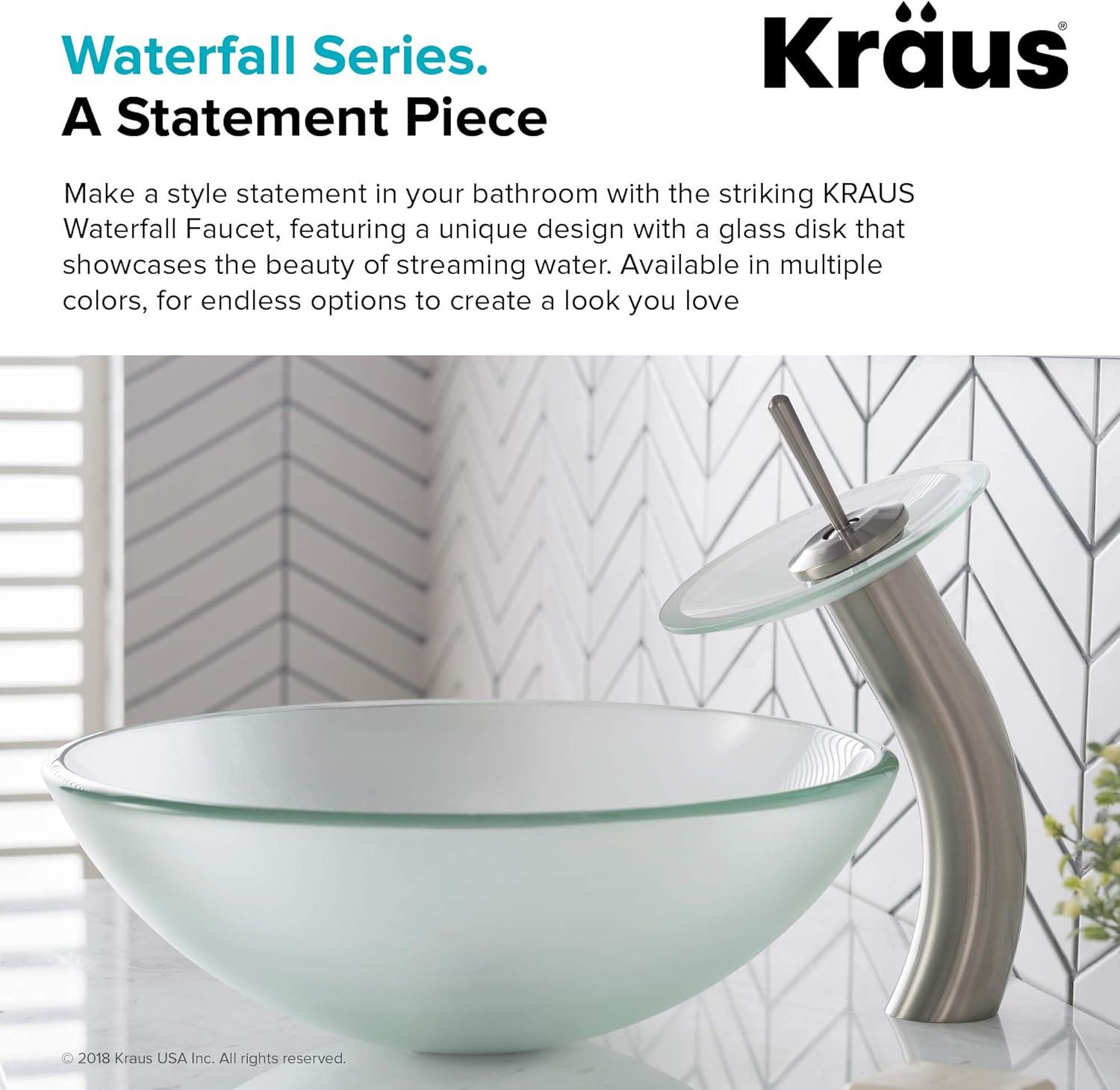 KRAUS Tall Waterfall Bathroom Faucet for Vessel Sink with Frosted Glass Disk and Pop-Up Drain, Satin Nickel Finish