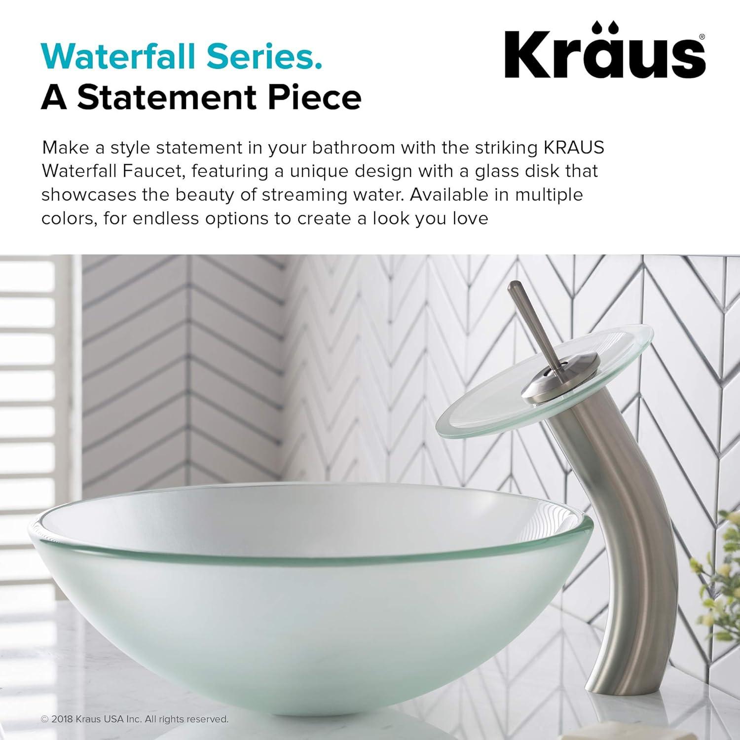 KRAUS Tall Waterfall Bathroom Faucet for Vessel Sink with Frosted Glass Disk and Pop-Up Drain, Satin Nickel Finish