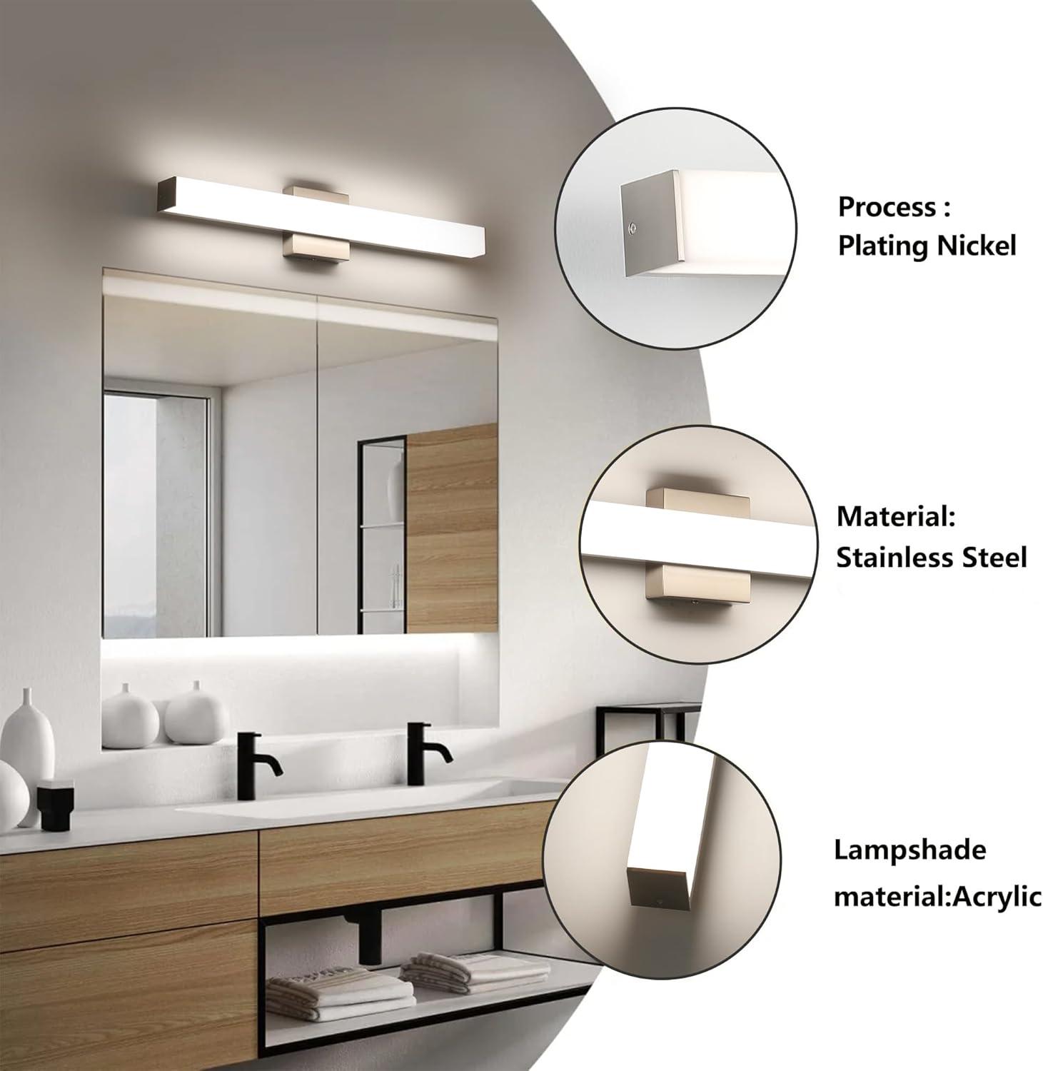 Bathroom Vanity Light Brushed Nickel Square LED 24 inch 14W 4000K Natural White Light Wall Bar Lighting Fixtures Over Mirror