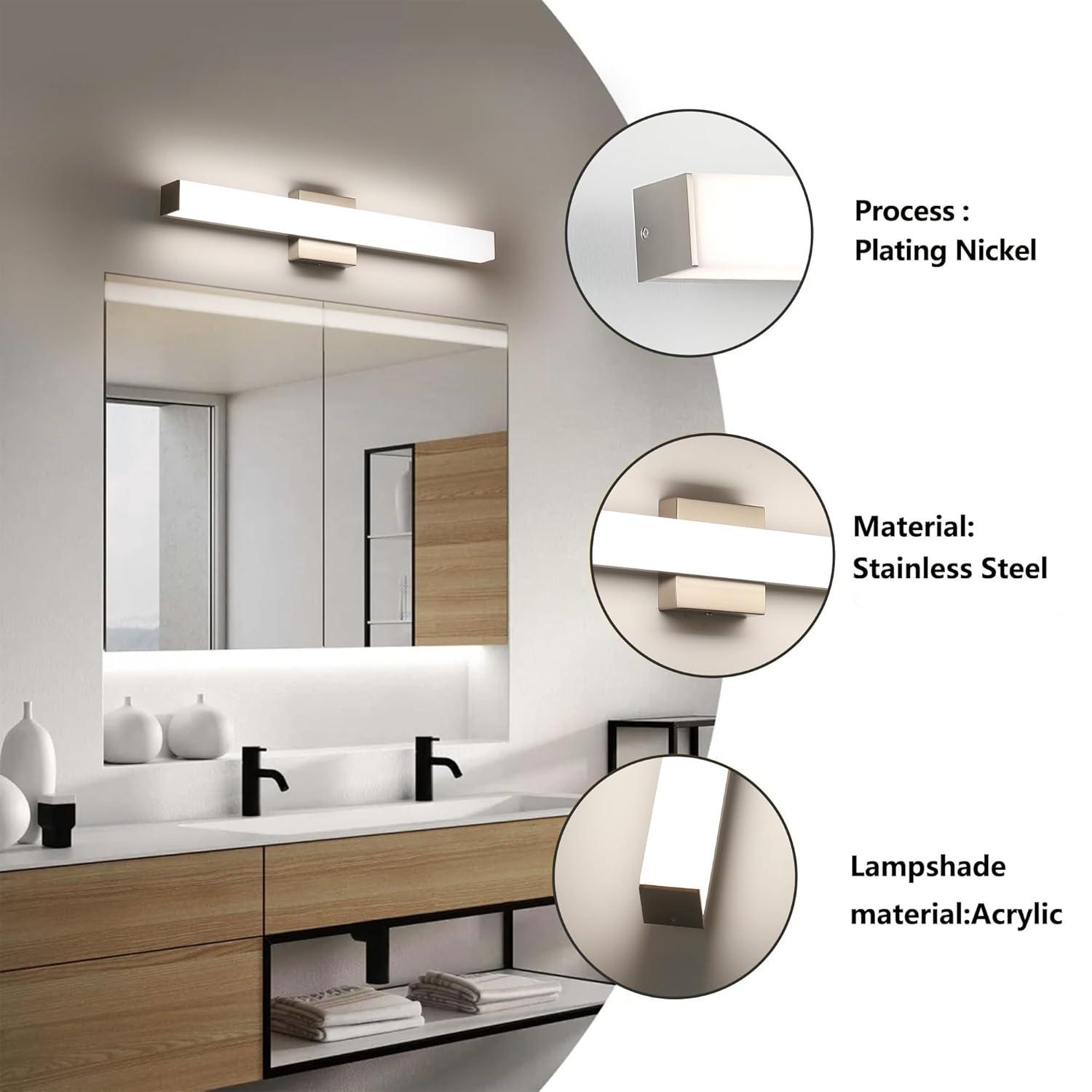 Bathroom Vanity Light Brushed Nickel Square LED 24 inch 14W 4000K Natural White Light Wall Bar Lighting Fixtures Over Mirror