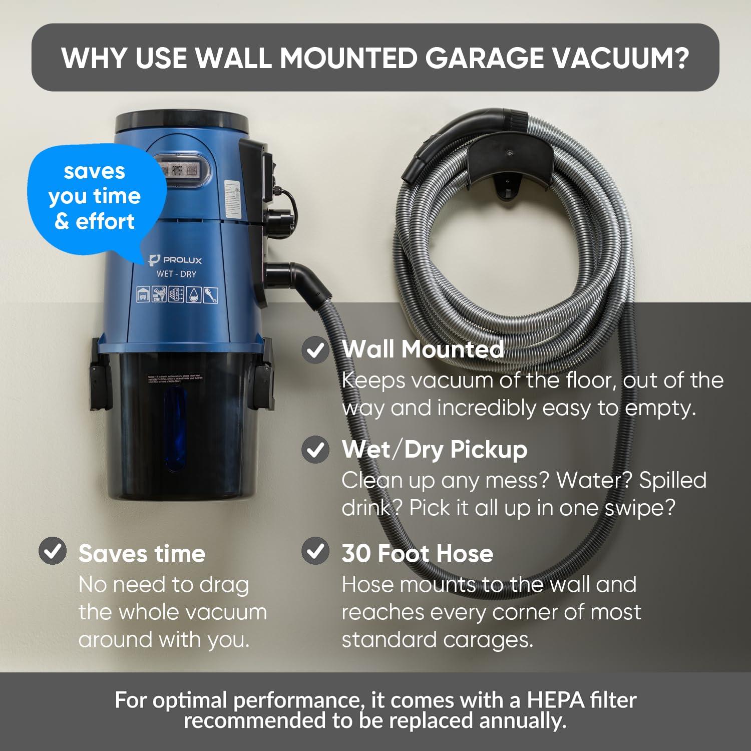 Prolux Professional Shop Wall Mounted Garage Vac Wet Dry Pick Up