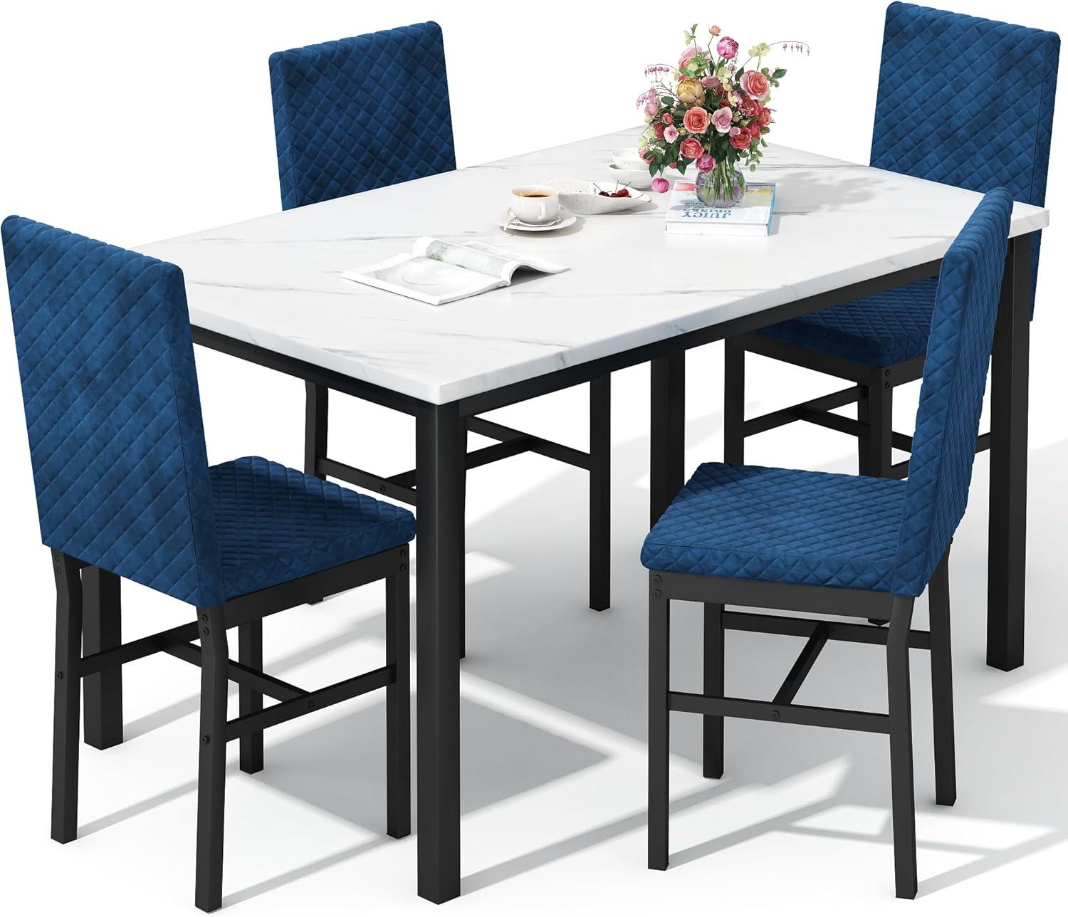 Lamerge Dining Table Set for 4, Kitchen Table and Chairs Set of 4, Faux Marble Dining Room Table Set with 4 Upholstered Velvet Chairs for Home Kitchen, White & Blue