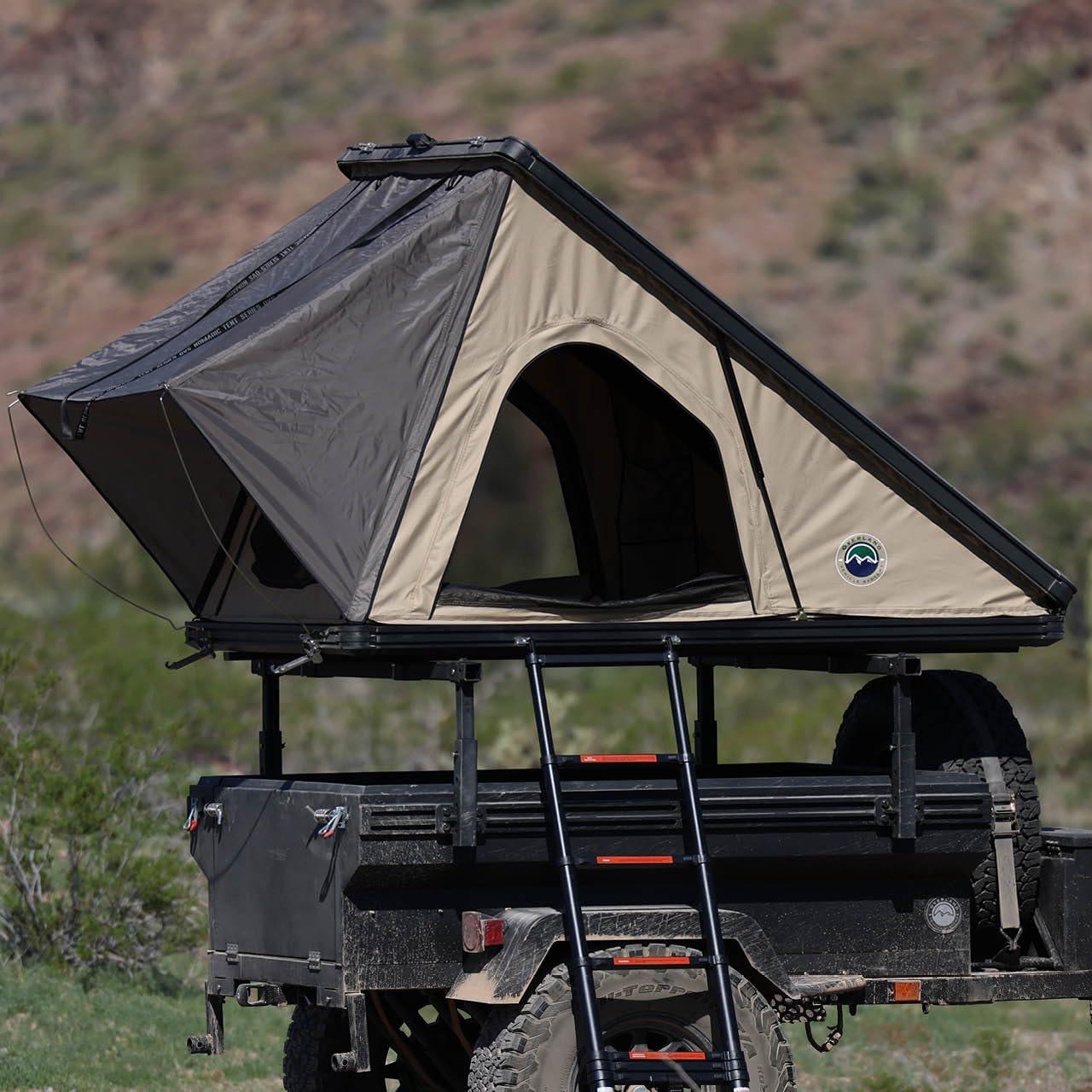 Overland Vehicle Systems LD TMON Clamshell Aluminum Hard Shell Roof Top Tent - 2 Person Capacity, Tan Body & Green Rainfly
