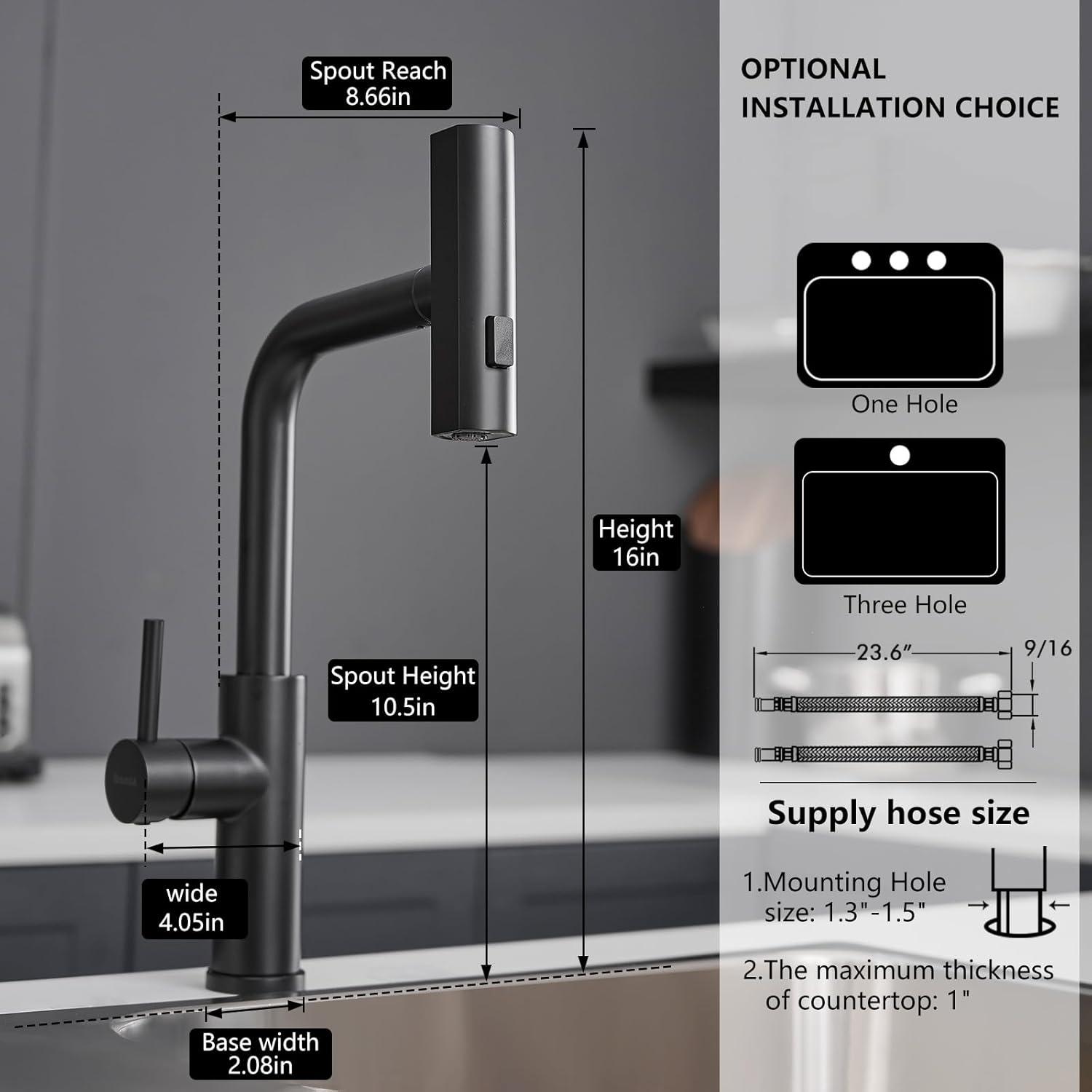 Waterfall Kitchen Faucet,Matte Black Kitchen Faucet with Pull Down Sprayer,Faucets for Kitchen Sink,Single Handle Kitchen Faucet Stainless Steel,Pull Out Sprayer Kitchen Faucets