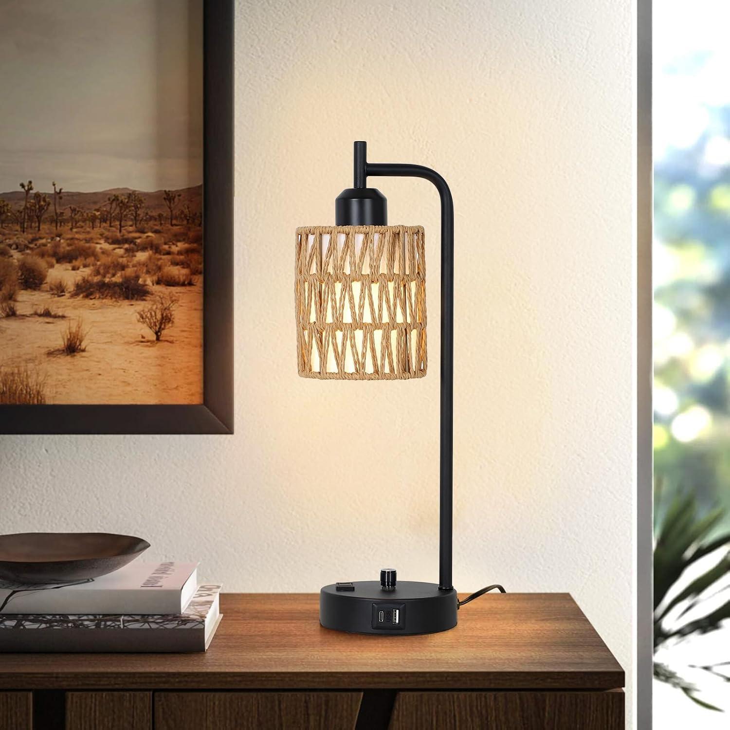 Rattan Table Lamps for Living Room Set of 2, Boho Bedside Lamps with LED Bulbs, USB Charging Ports and Outlet, Farmhouse Nightstand Lamp with Woven Shade, Black Desk Lamp for Bedroom Office