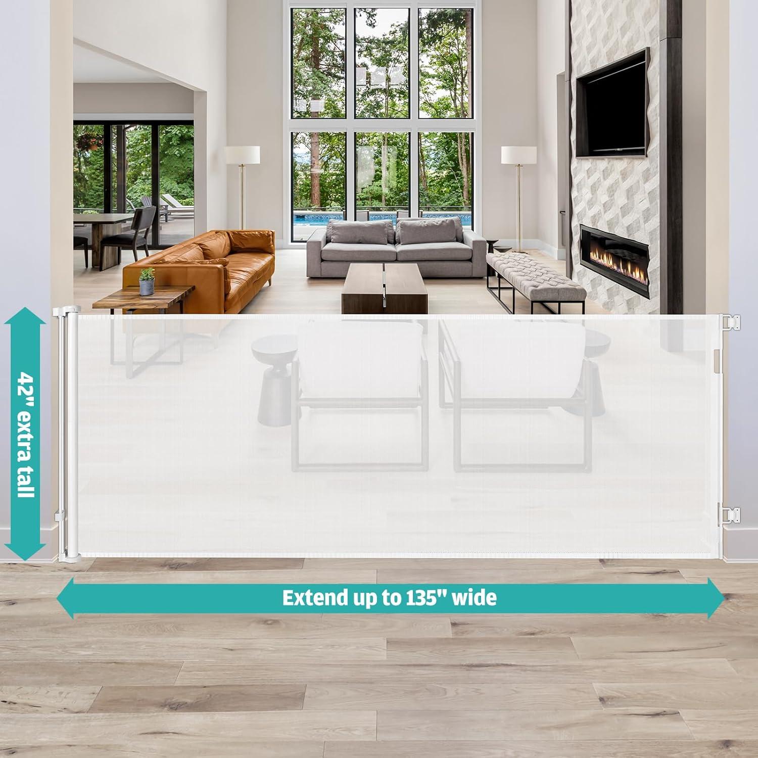 42" Tall X 135" Wide Extra Tall Baby Gates for Dogs - Extra Wide Retractable Pet Gate