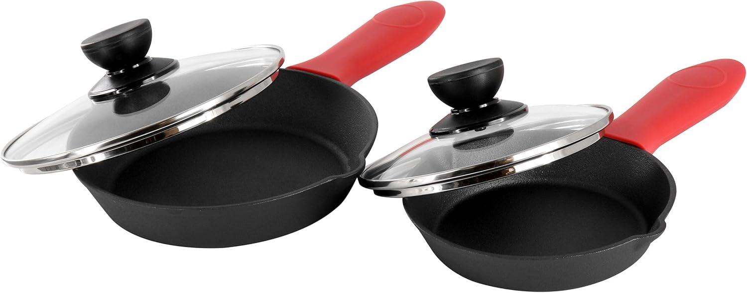 MegaChef 14 Piece Cast Iron Skillet Set with Tempered Glass Lids & Silicone Holders