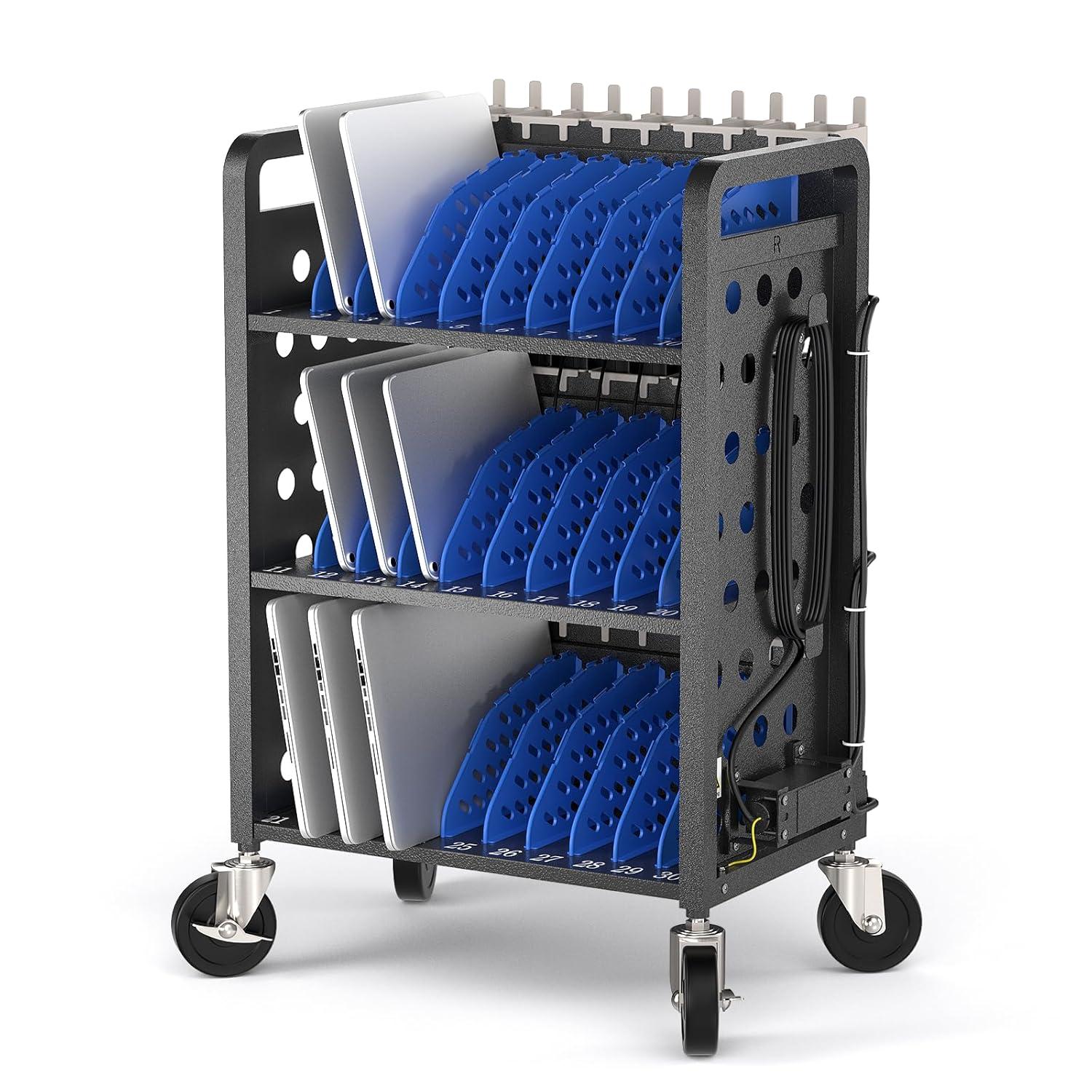 POCHAR 30-Device Chromebook Open Charging Cart, Charging Station Rack for 14" iPad, Laptop - Tablet Organizer Station for Classroom - Laptop Storage Cart with Cable and Charger Organization
