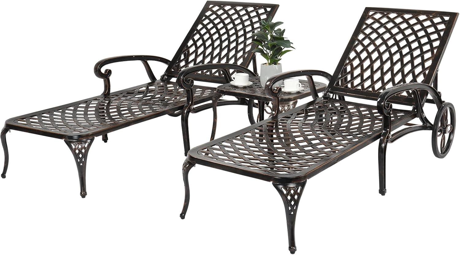 VINGLI Cast Aluminum Outdoor Chaise Lounge Chair with Wheels, Patio Chaise Lounge with 3-Position Adjustable Backrest, Outdoor Tanning Chair Patio Lounge Chair (Bronze, Without Cushion)