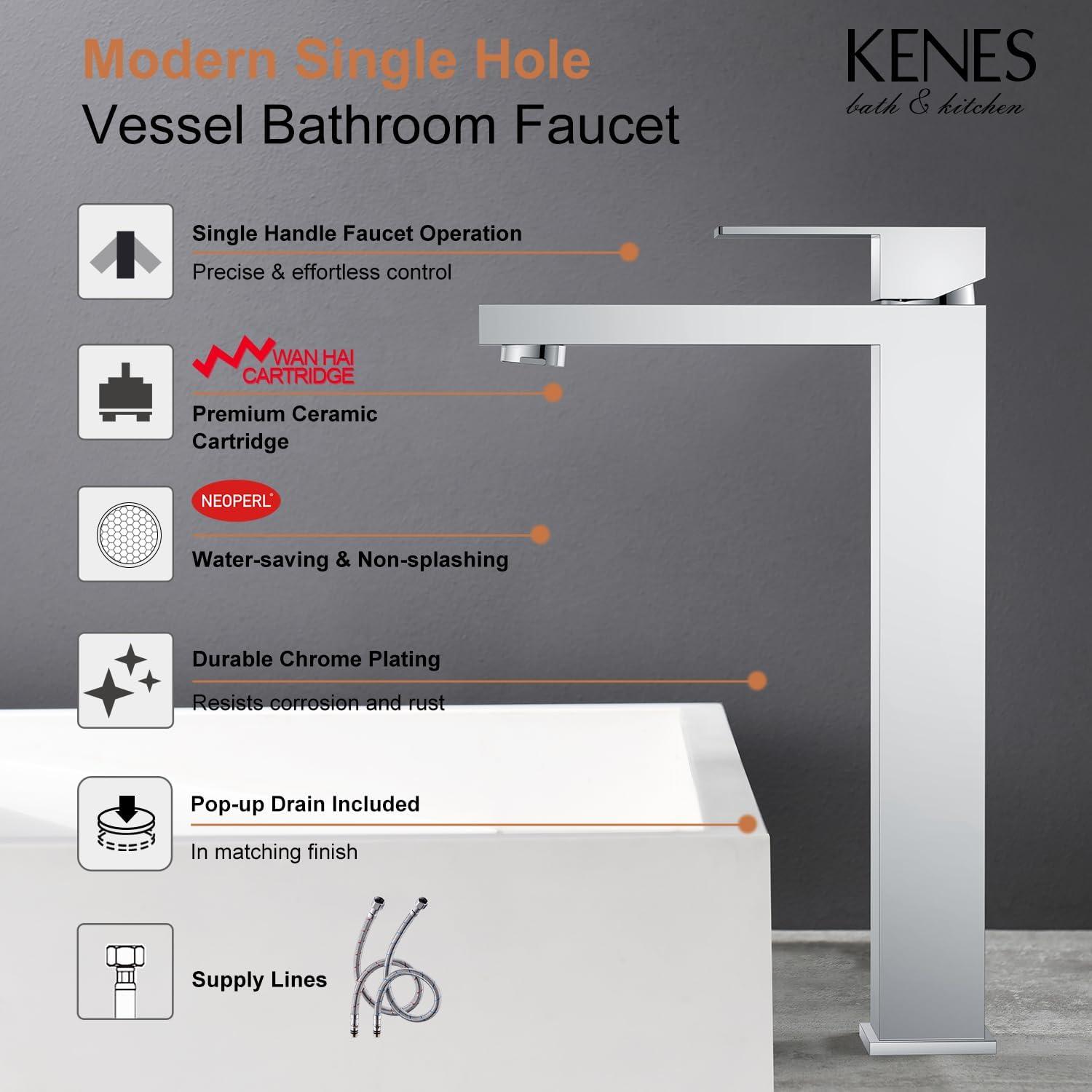 KENES Chrome Bowl Vessel Sink Facuet Single Handle Tall Bathroom Sink Faucet Bathroom Vanity Faucet Basin Mixer Tap with Water Supply Lines and Pop Up Sink Drain, LJ-9031A-5