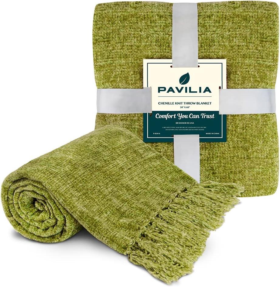 PAVILIA Chenille Throw Blanket with Woven Knitted Tassel Fringe for Couch, Living Room Decor and Bed