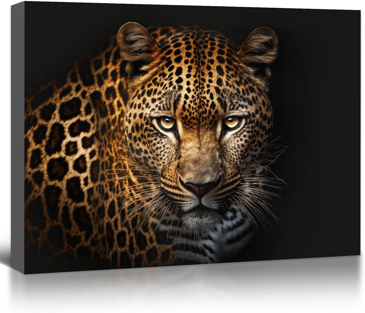 Leopard Canvas Prints Black Background Golden Wildlife Animal Leopard Wall Art Cheetah Pictures Artwork for Bathroom Bedroom Office Living Room Hallway Paintings Decorations Ready to Hang 12x16"