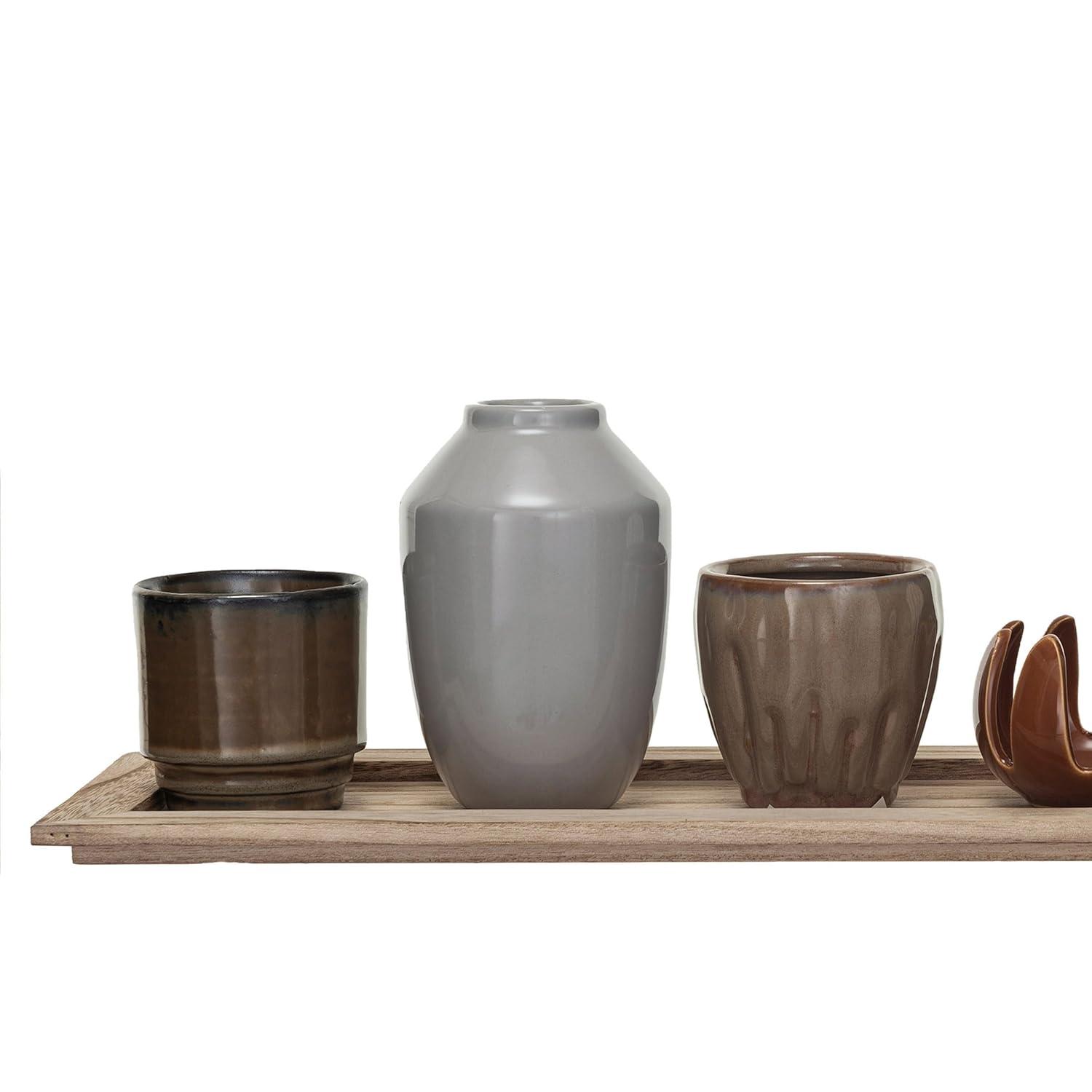 Creative Co-Op 5 Stoneware Votive Candle Holders on a Wood Tray with Reactive Glaze, Multicolor