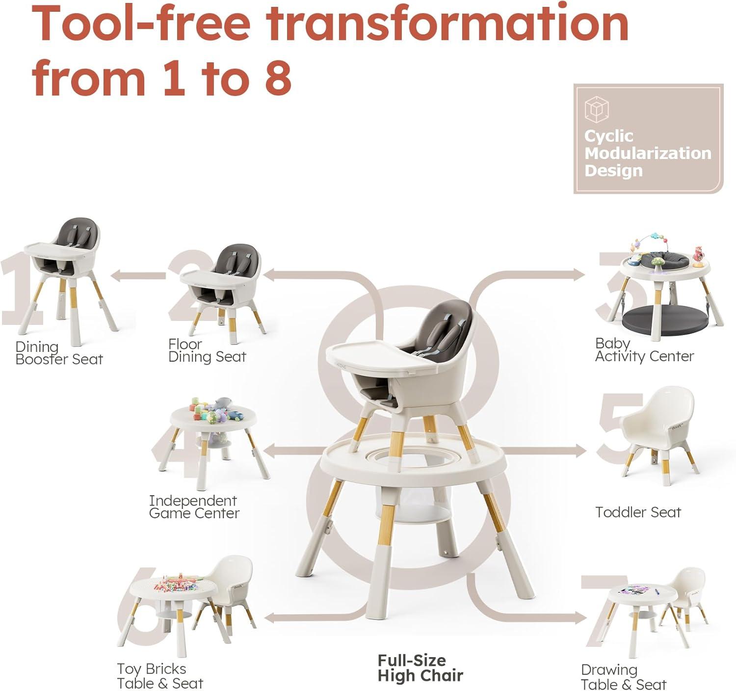 8-in-1 Convertible Baby Feeding Dining Chair with Removable Tray and Activity Center