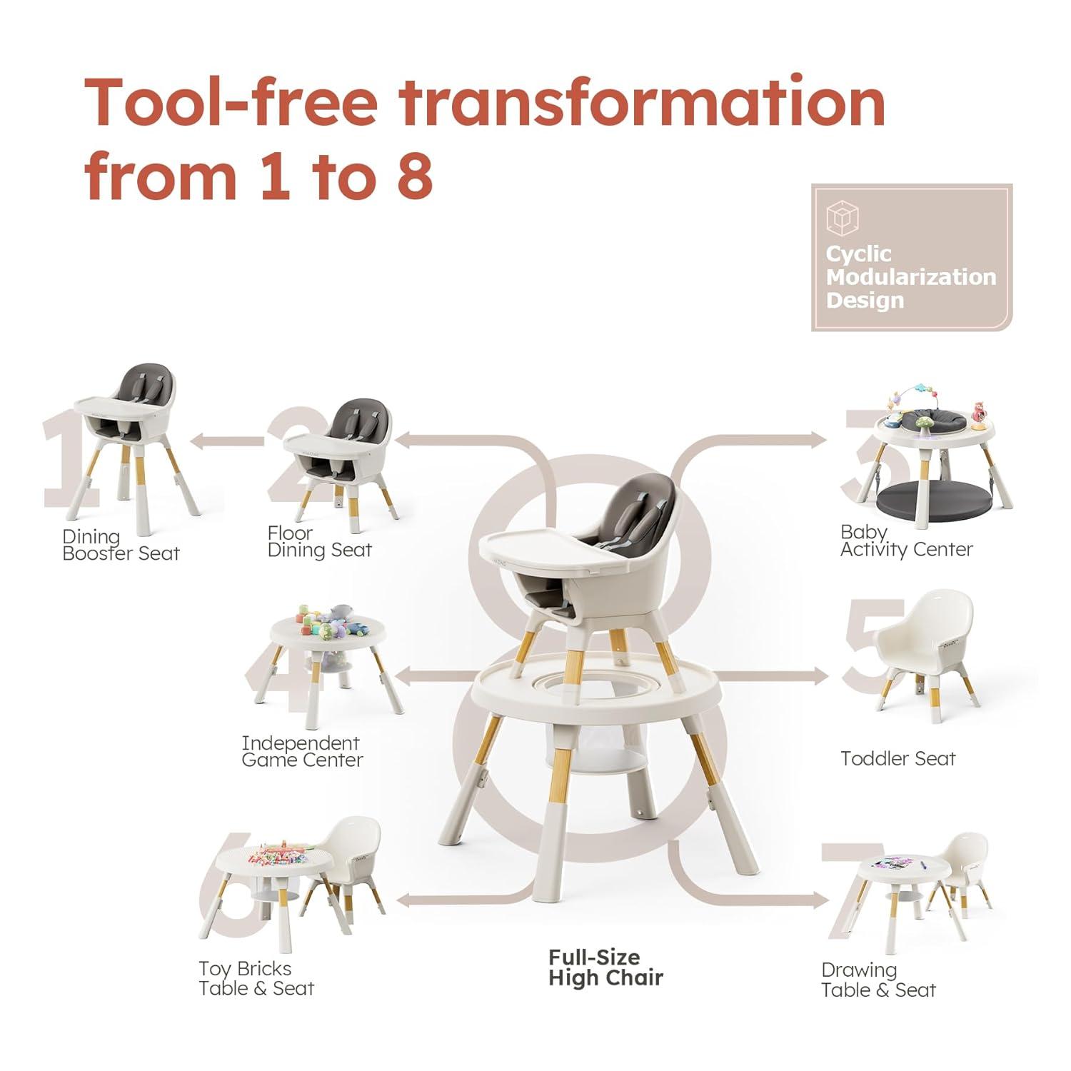 8-in-1 Convertible Baby Feeding Dining Chair with Removable Tray and Activity Center