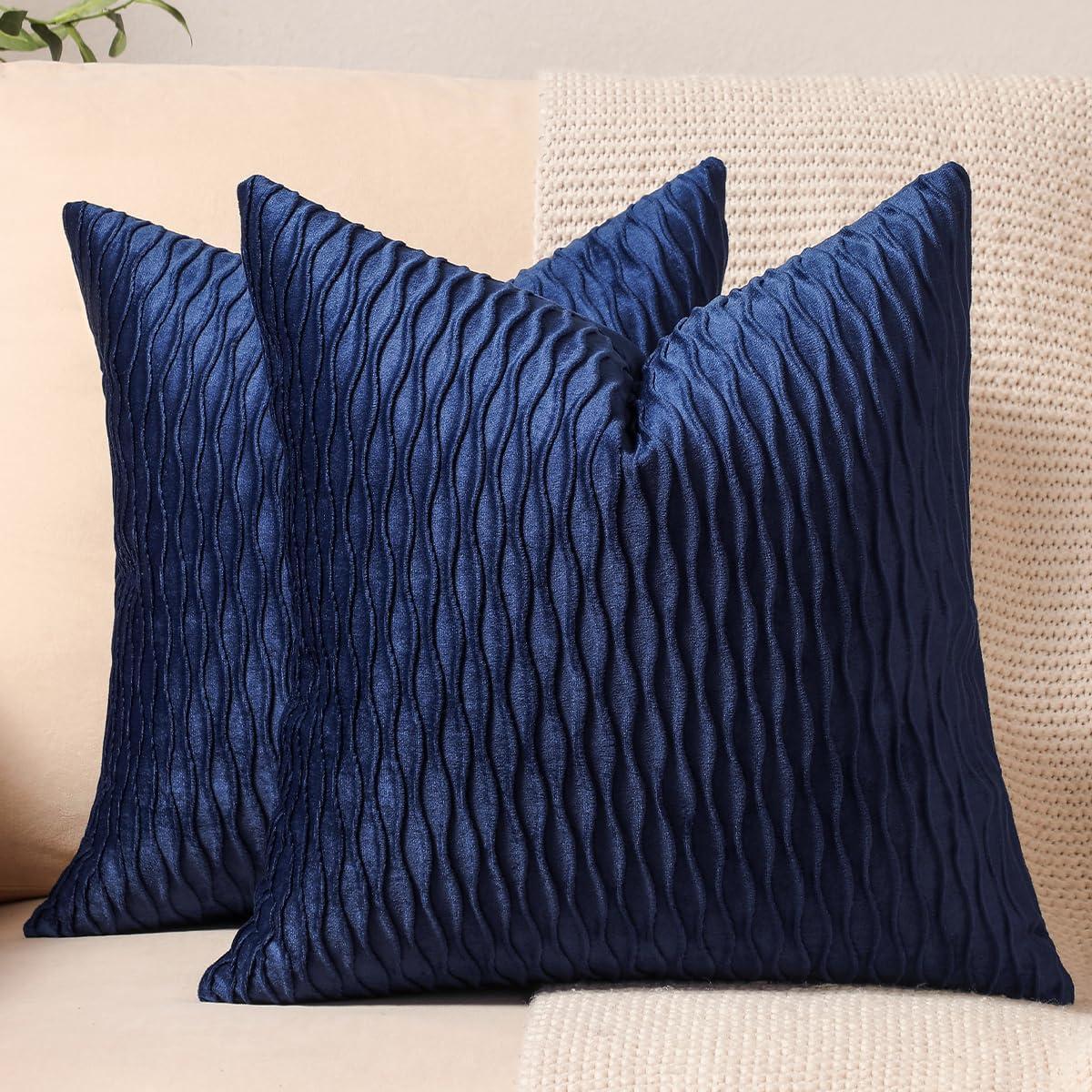 Navy Velvet Square Wave Pattern Pillow Covers Set