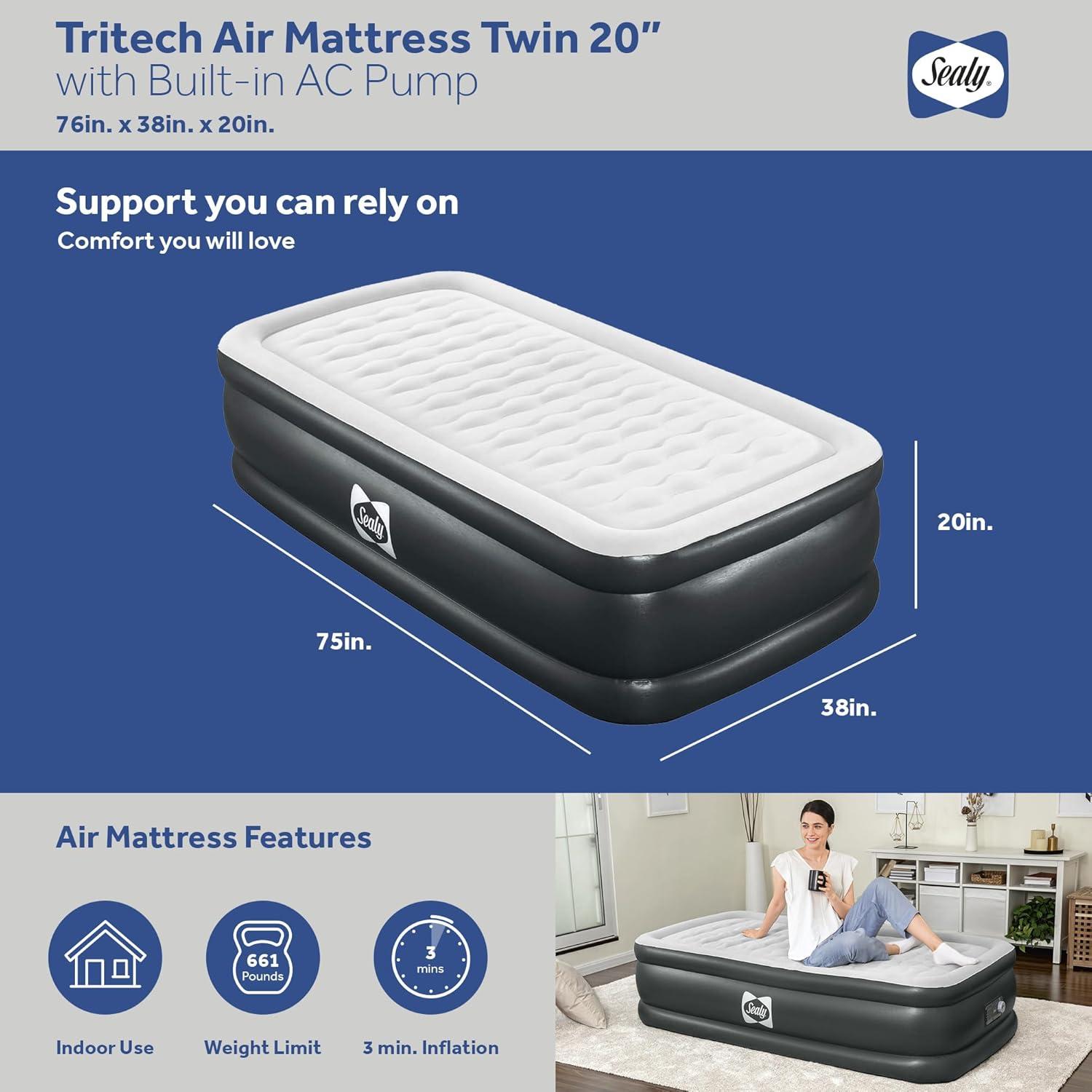 Bestway Sealy Tritech Inflatable Air Mattress Bed Queen 20" with Built-In AC Pump & Bag