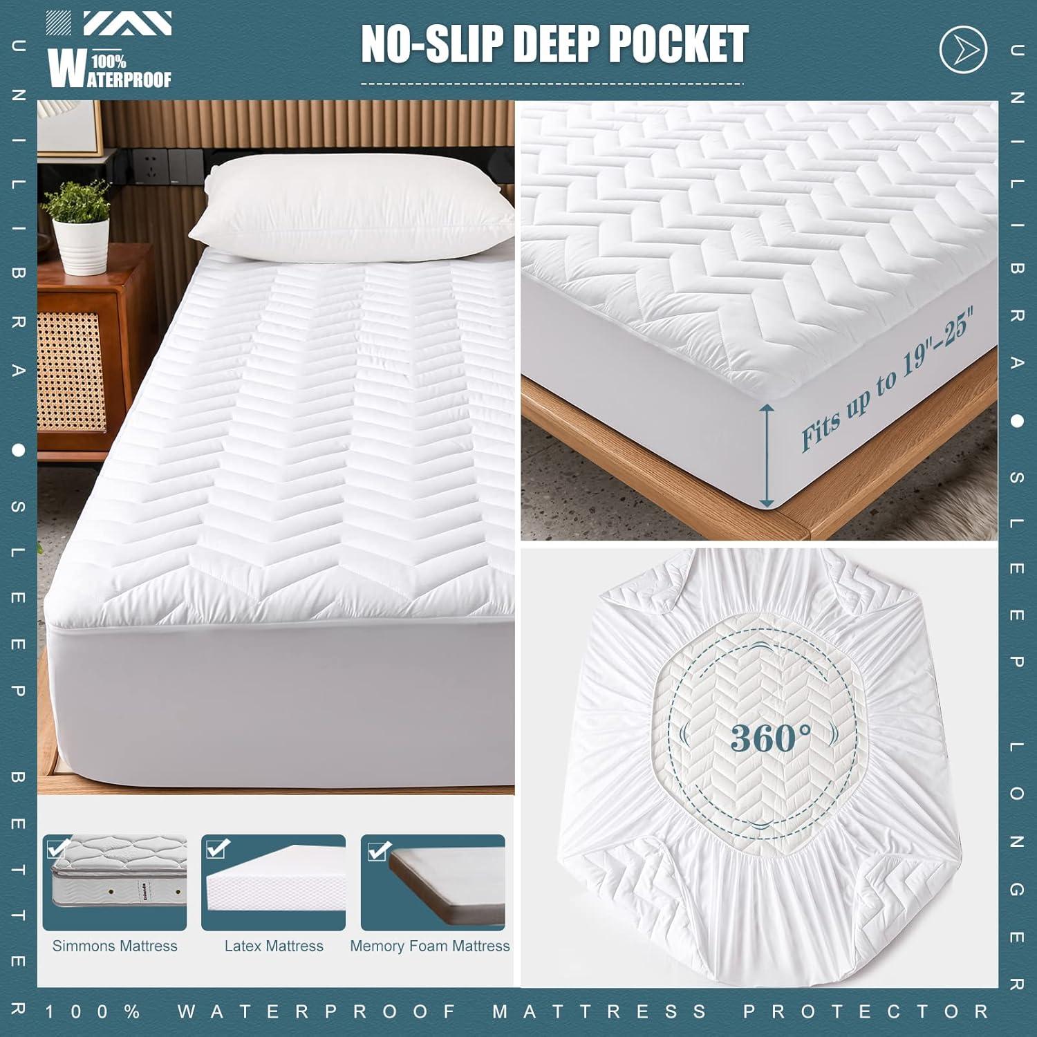 Queen Size Waterproof Mattress Protector Quilted, Breathable Ultra-Soft Filling Mattress Pad, Fitted Deep Pocket Mattress Cover Fits 6''-25'' Mattress White