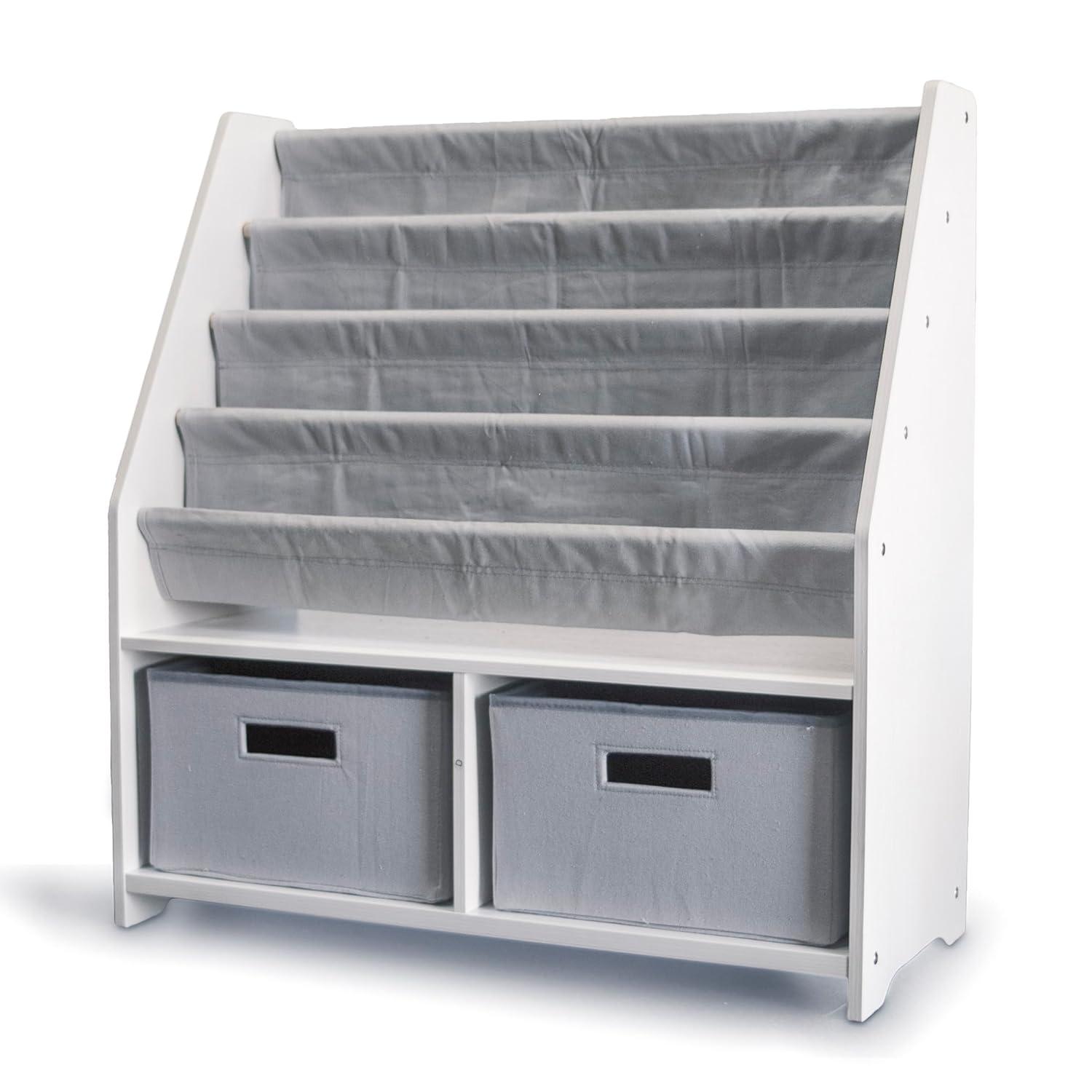 WonkaWoo Kids Sling Bookshelf Wooden Book Rack, Canvas Slings and 2 Storage Toys Organizer, White Bookshelf with Grey Slings