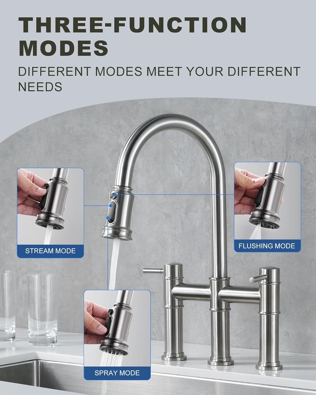 Brushed Nickel Double Handle Bridge Kitchen Faucet with Pull Down Sprayer